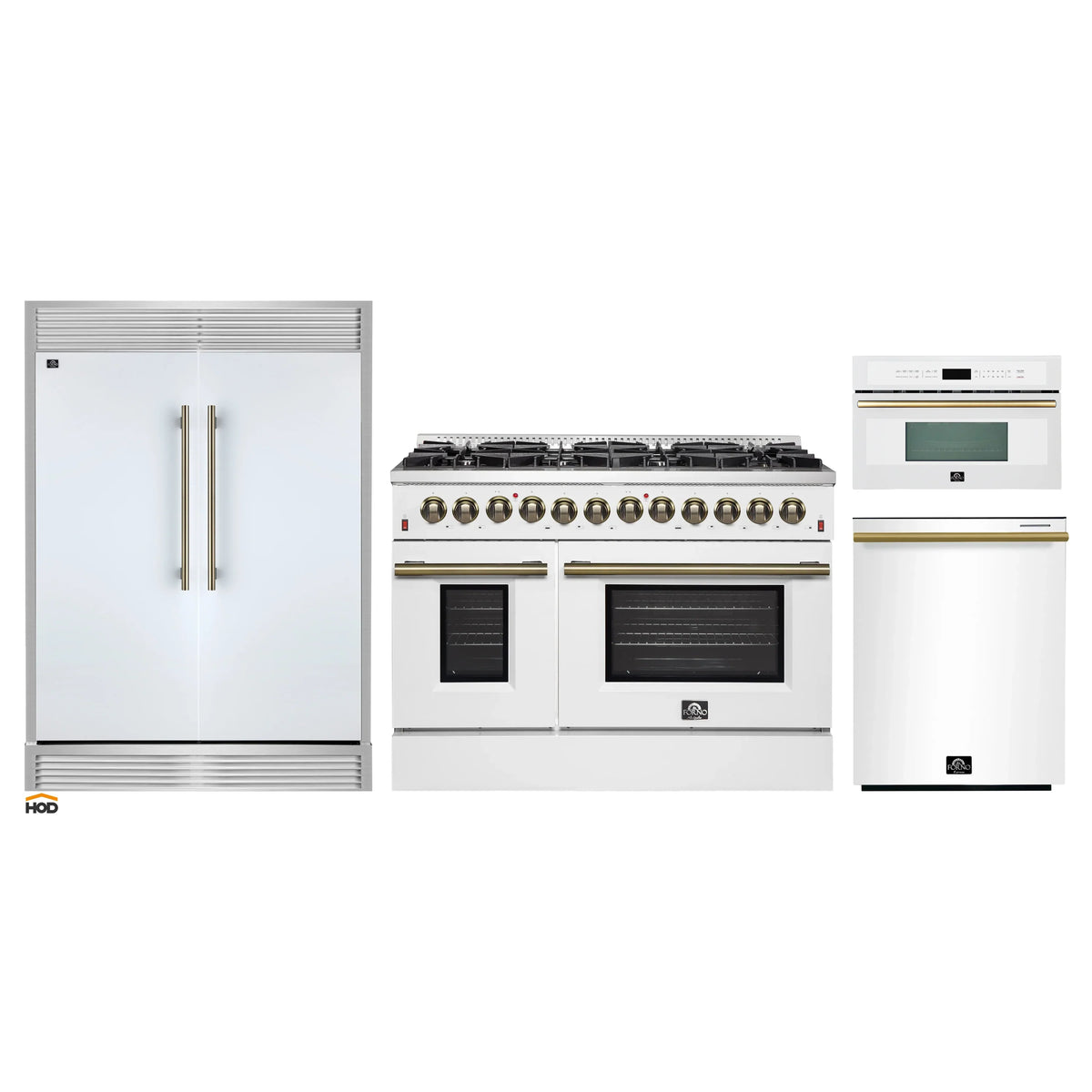 Forno 4-Piece Appliance Package - 48-Inch Galiano Dual Fuel Range, 60-Inch Refrigerator, Dishwasher, & 30-Inch Microwave Oven in White with Antique Brass Trim