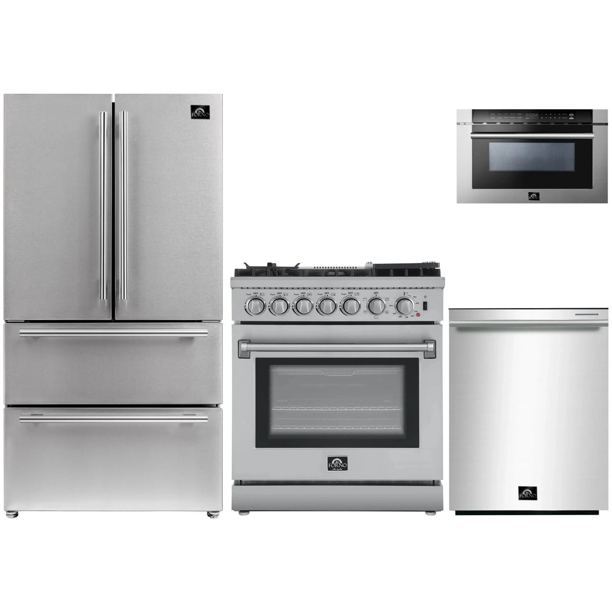 Forno 4-Piece Appliance Package: 30-Inch Air Fryer Dual Fuel Range, 24-Inch Microwave Drawer, Refrigerator, 3-Rack Dishwasher, Stainless Steel