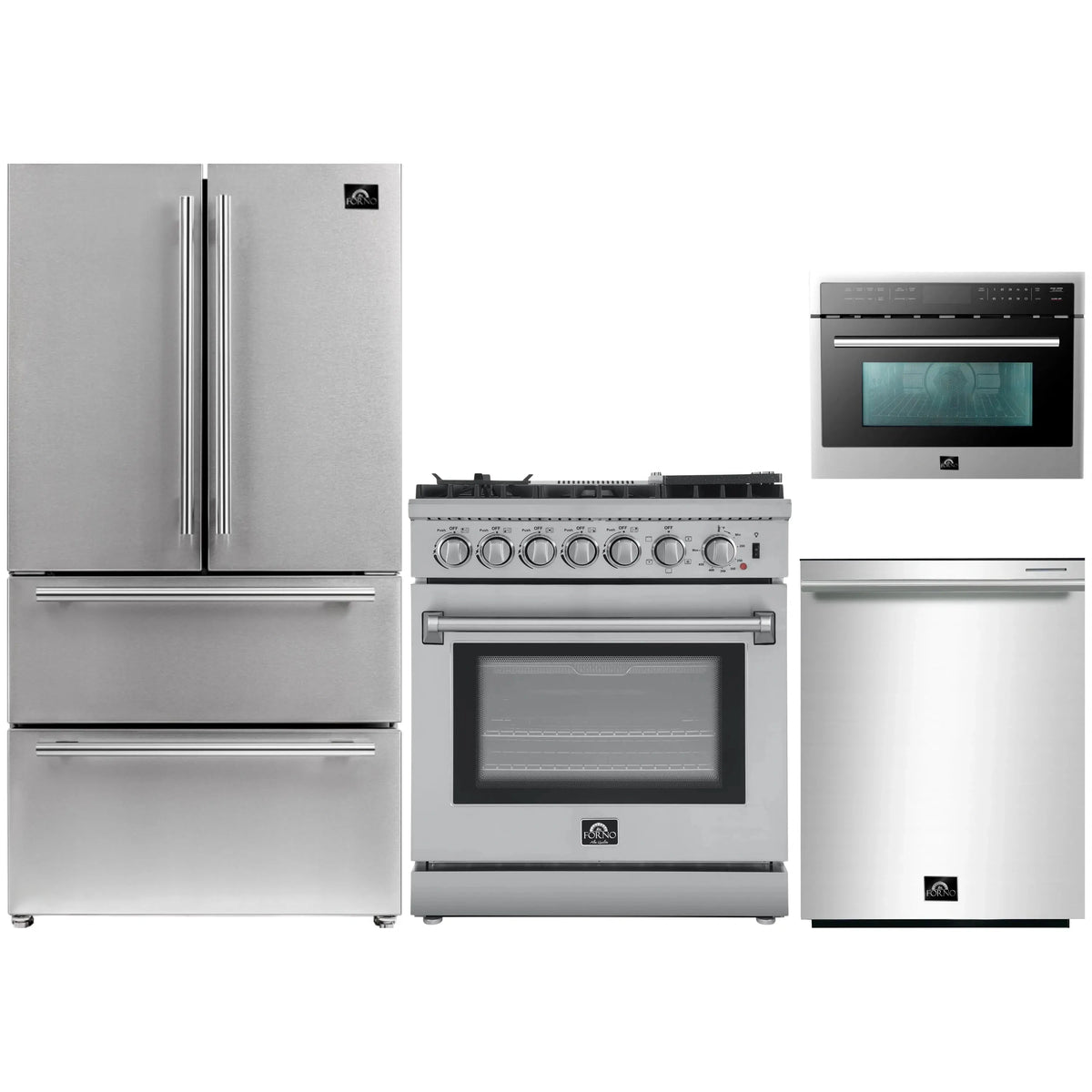 Forno 4-Piece Appliance Package: 30-Inch Air Fryer Dual Fuel Range, 24-Inch Microwave Oven, Refrigerator, 3-Rack Dishwasher, Stainless Steel