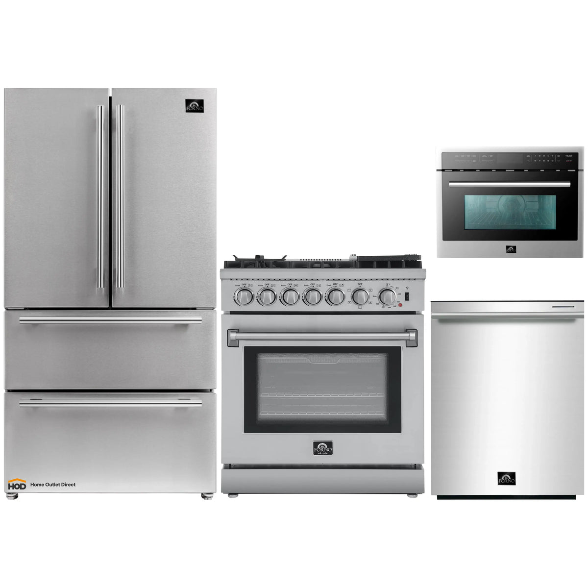 Forno 4-Piece Appliance Package - 30-Inch Dual Fuel Range with Air Fryer, Refrigerator, 24-Inch Microwave Oven, & 3-Rack Dishwasher in Stainless Steel
