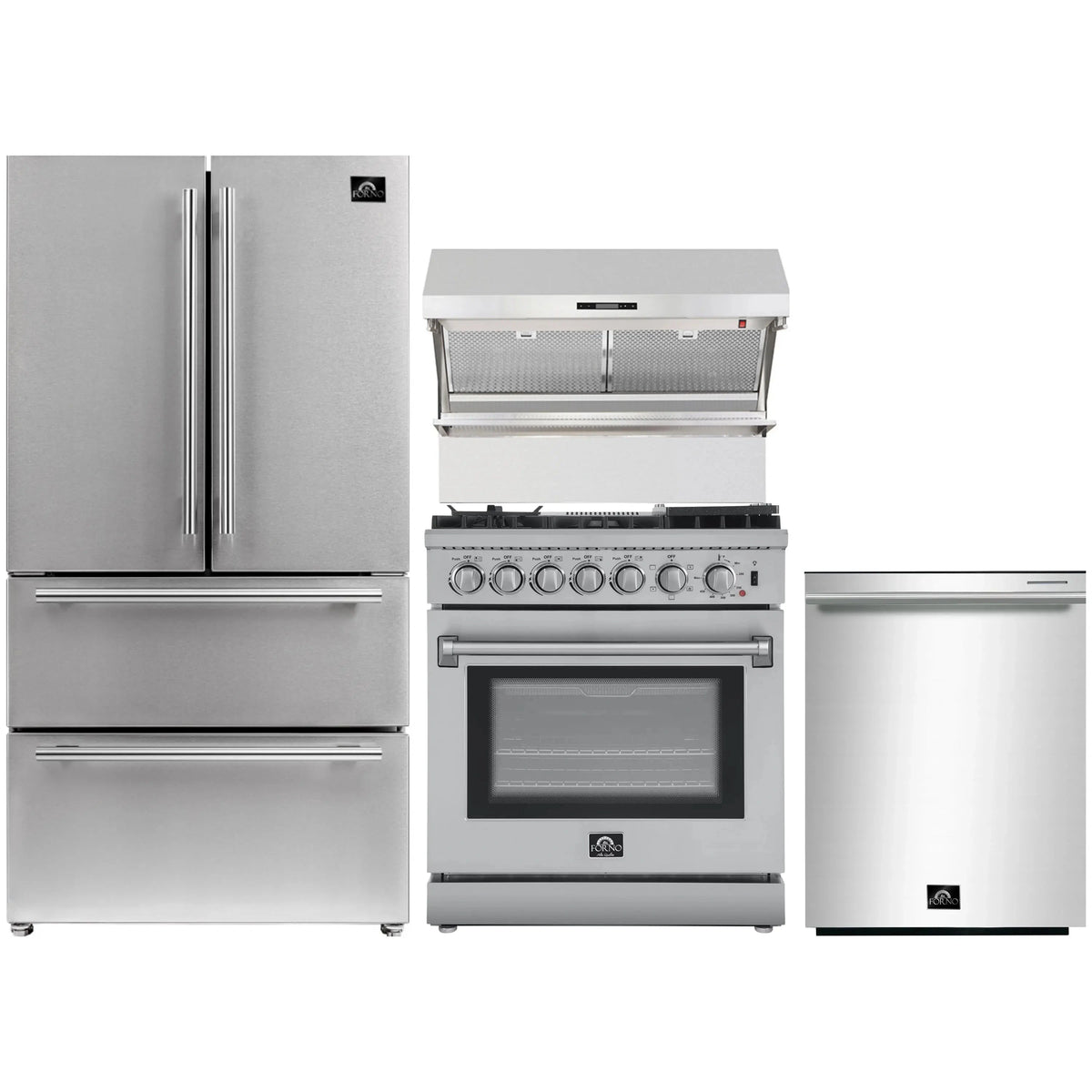 Forno 4-Piece Appliance Package: 30-Inch Air Fryer Dual Fuel Range, Backsplash Hood, Refrigerator, 3-Rack Dishwasher, Stainless Steel