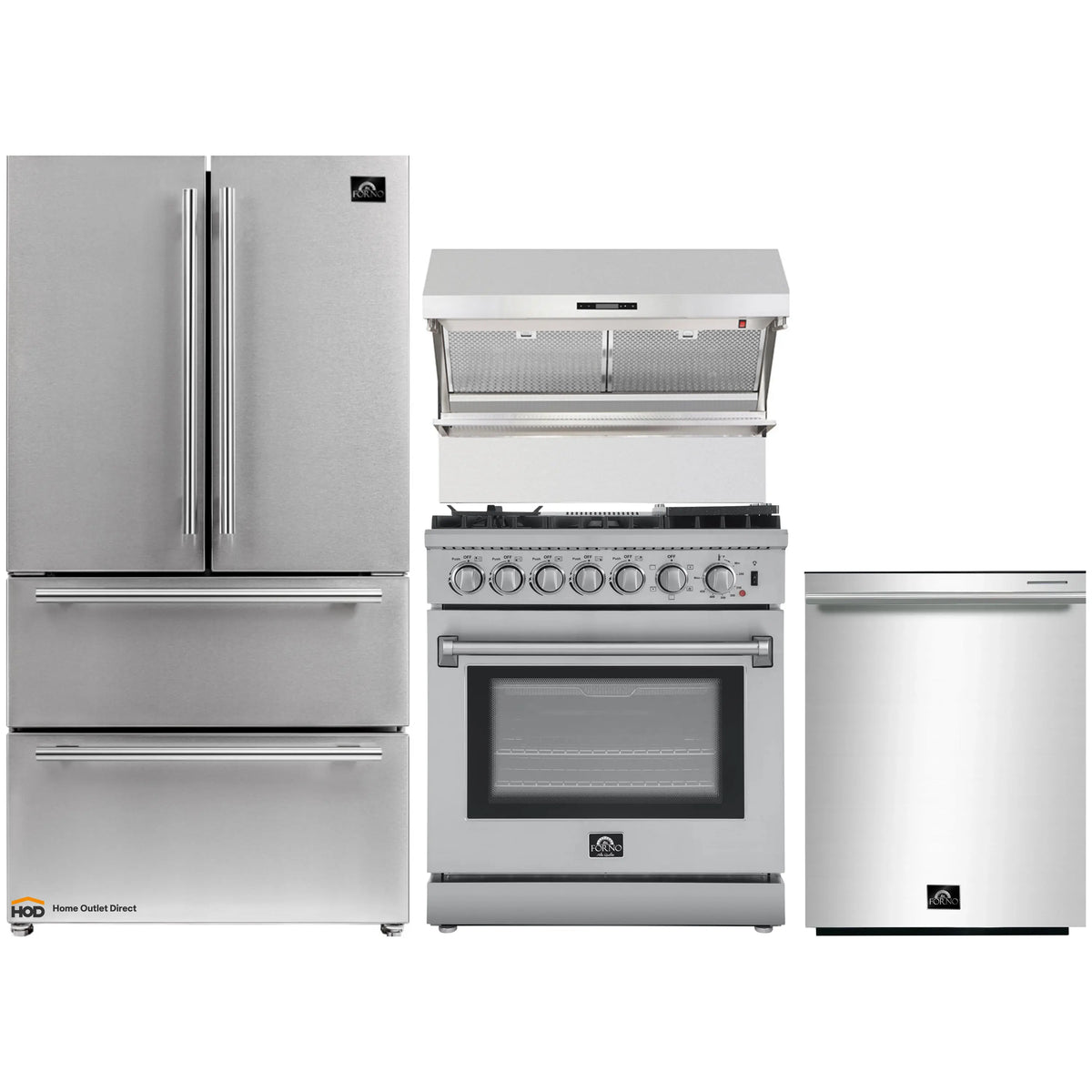 Forno 4-Piece Appliance Package - 30-Inch Dual Fuel Range with Air Fryer, Refrigerator, Wall Mount Hood with Backsplash, & 3-Rack Dishwasher in Stainless Steel