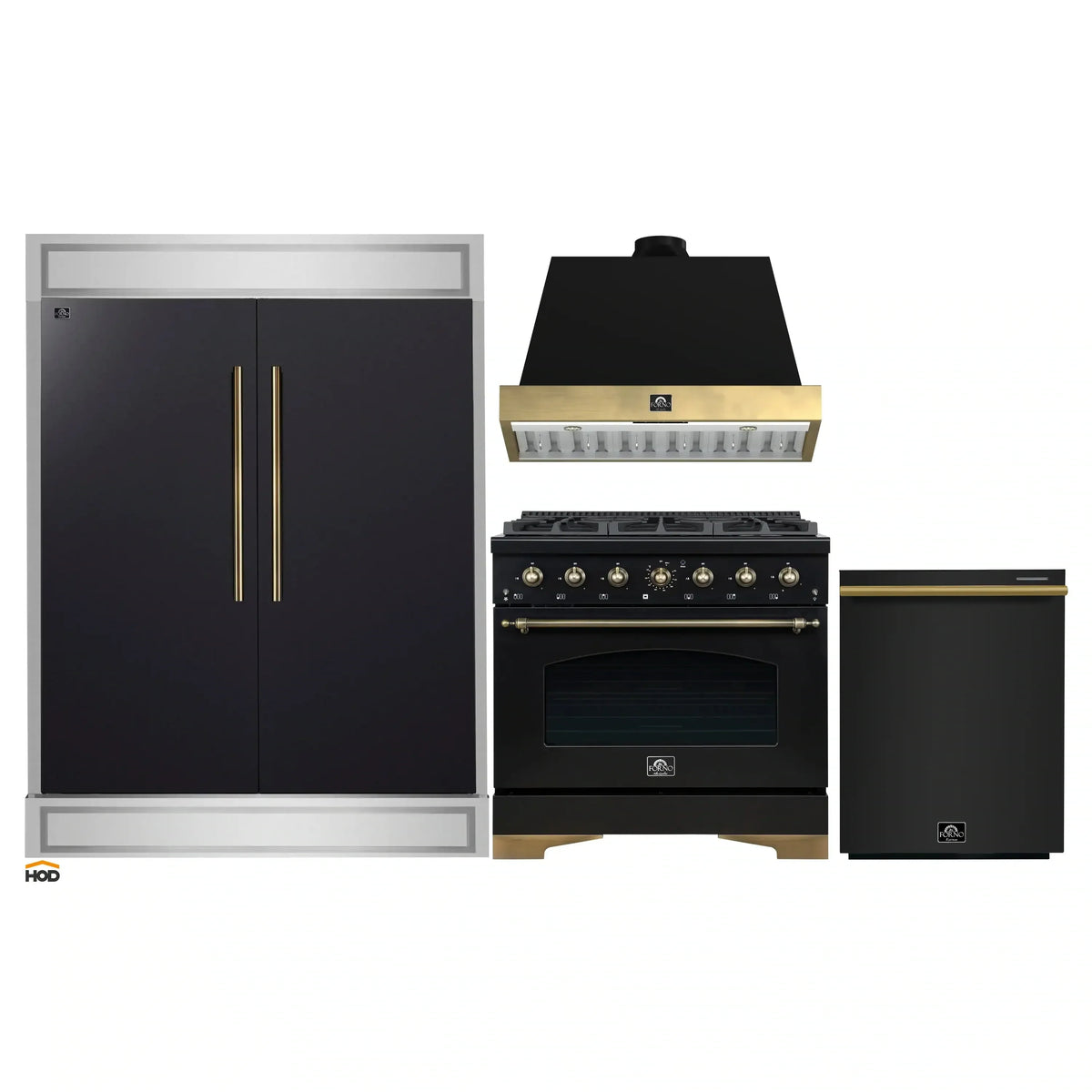 Forno 4-Piece Appliance Package - 36-Inch Gas Range, Wall Mount Range Hood, 60-Inch Convertible Refrigerator with Modern Trim, and Dishwasher in Black with Antique Brass Trim