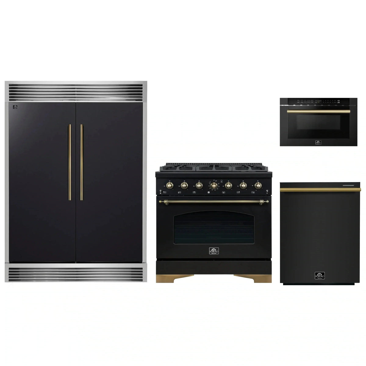 Forno 4-Piece Appliance Package: 36" Gas Range, 24" Microwave Drawer, 60" Grille Trim Refrigerator, Dishwasher, Black with Antique Brass Trim