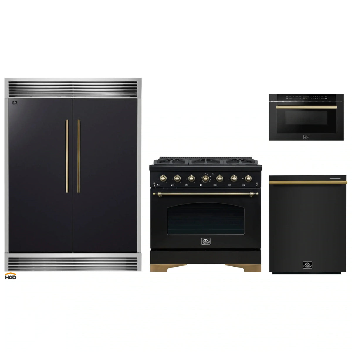 Forno 4-Piece Appliance Package - 36-Inch Gas Range, 60-Inch Convertible Refrigerator with Modern Grille Trim, Dishwasher, and 24-Inch Microwave Drawer in Black with Antique Brass Trim