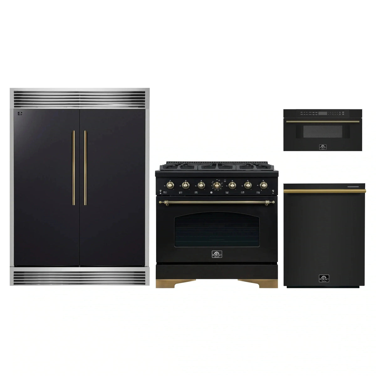 Forno 4-Piece Appliance Package: 36" Gas Range, 30" Microwave Drawer, 60" Grille Trim Refrigerator, Dishwasher, Black with Antique Brass Trim