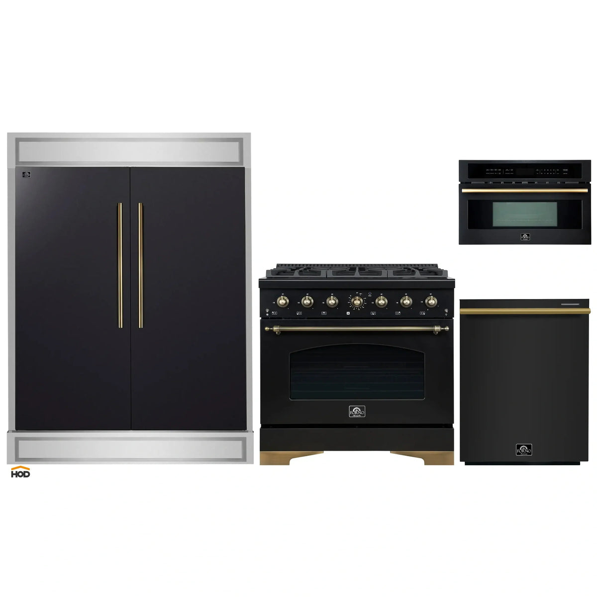 Forno 4-Piece Appliance Package - 36-Inch Gas Range, 60-Inch Convertible Refrigerator with Modern Trim, Dishwasher, and 30-Inch Microwave Oven in Black with Antique Brass Trim