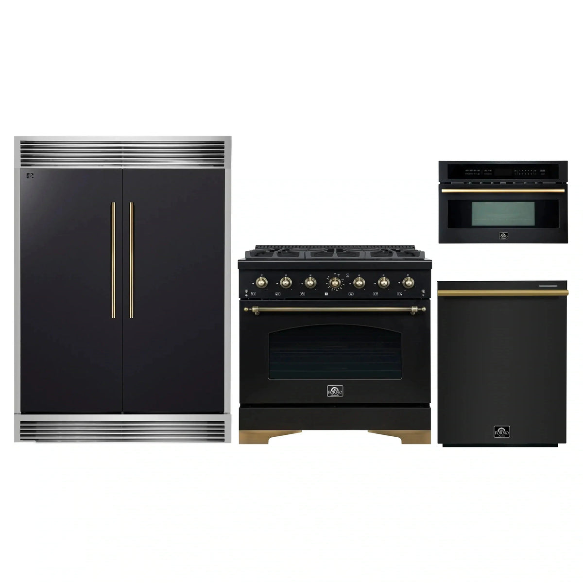 Forno 4-Piece Appliance Package: 36" Gas Range, 30" Microwave Oven, 60" Grille Trim Refrigerator, Dishwasher, Black with Antique Brass Trim
