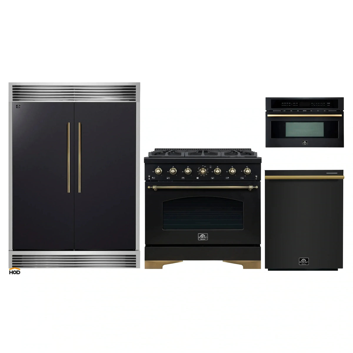 Forno 4-Piece Appliance Package - 36-Inch Gas Range, 60-Inch Convertible Refrigerator with Modern Grille Trim, Dishwasher, and 30-Inch Microwave Oven in Black with Antique Brass Trim