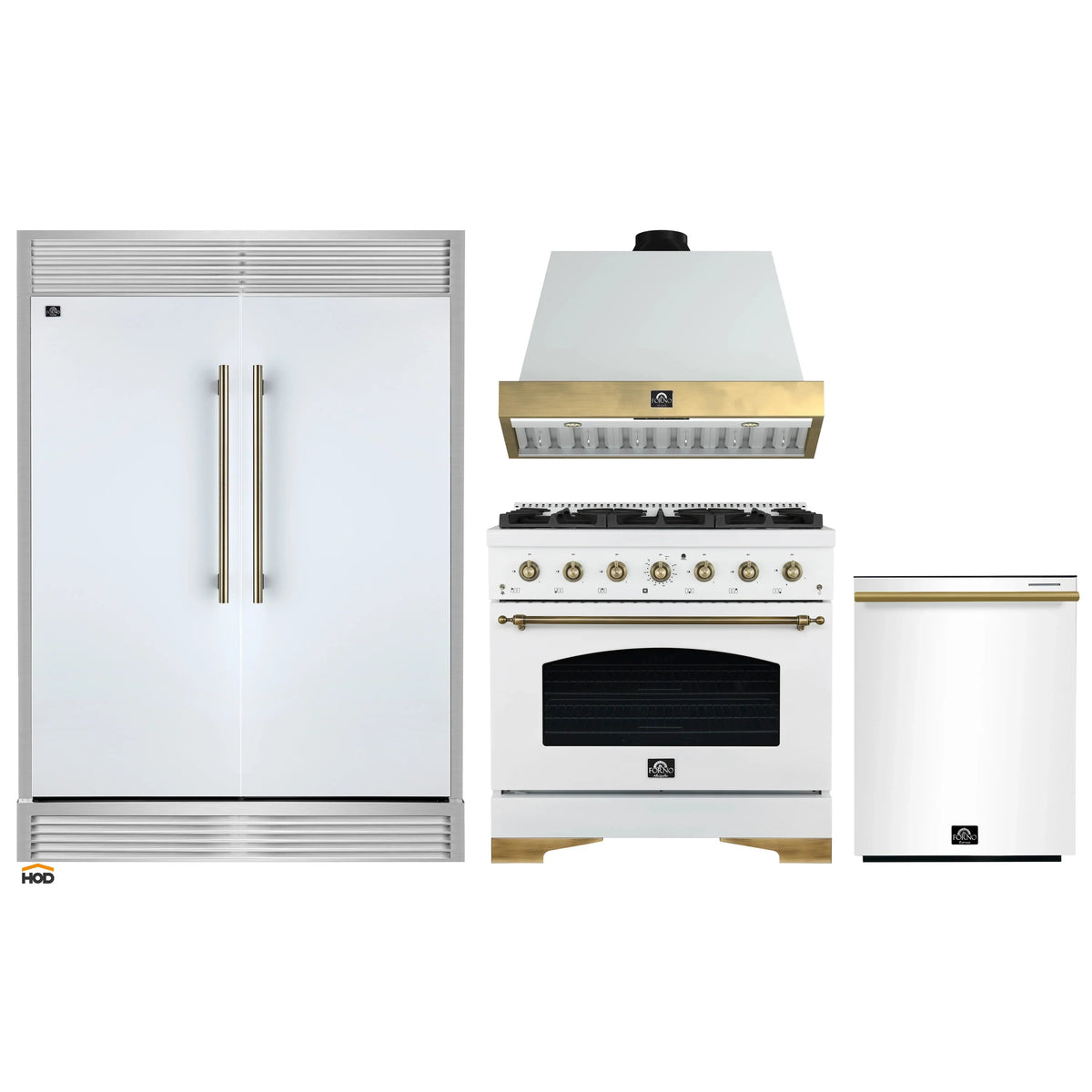 Forno 4-Piece Appliance Package - 36-Inch Antico Gas Range, Wall Mount Range Hood, 60-Inch Refrigerator, Dishwasher in White with Antique Brass Trim