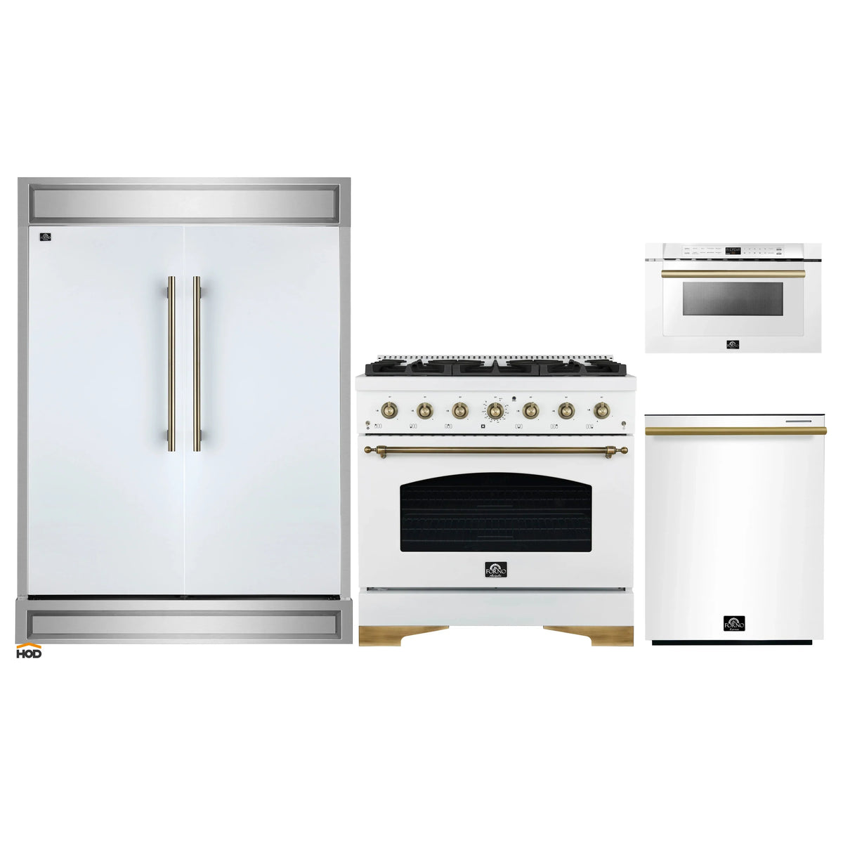 Forno 4-Piece Appliance Package - 36-Inch Gas Range, 60-Inch Refrigerator, Dishwasher, & 24-Inch Microwave Drawer in White with Antique Brass Trim
