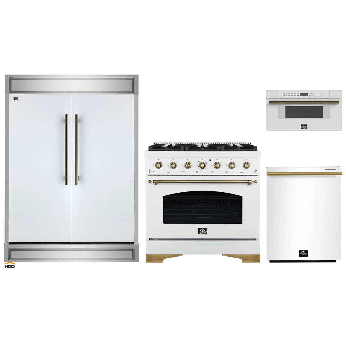 Forno 4-Piece Appliance Package - 36-Inch Gas Range, 60-Inch Refrigerator, Dishwasher, & 30-Inch Microwave Drawer in White with Antique Brass Trim