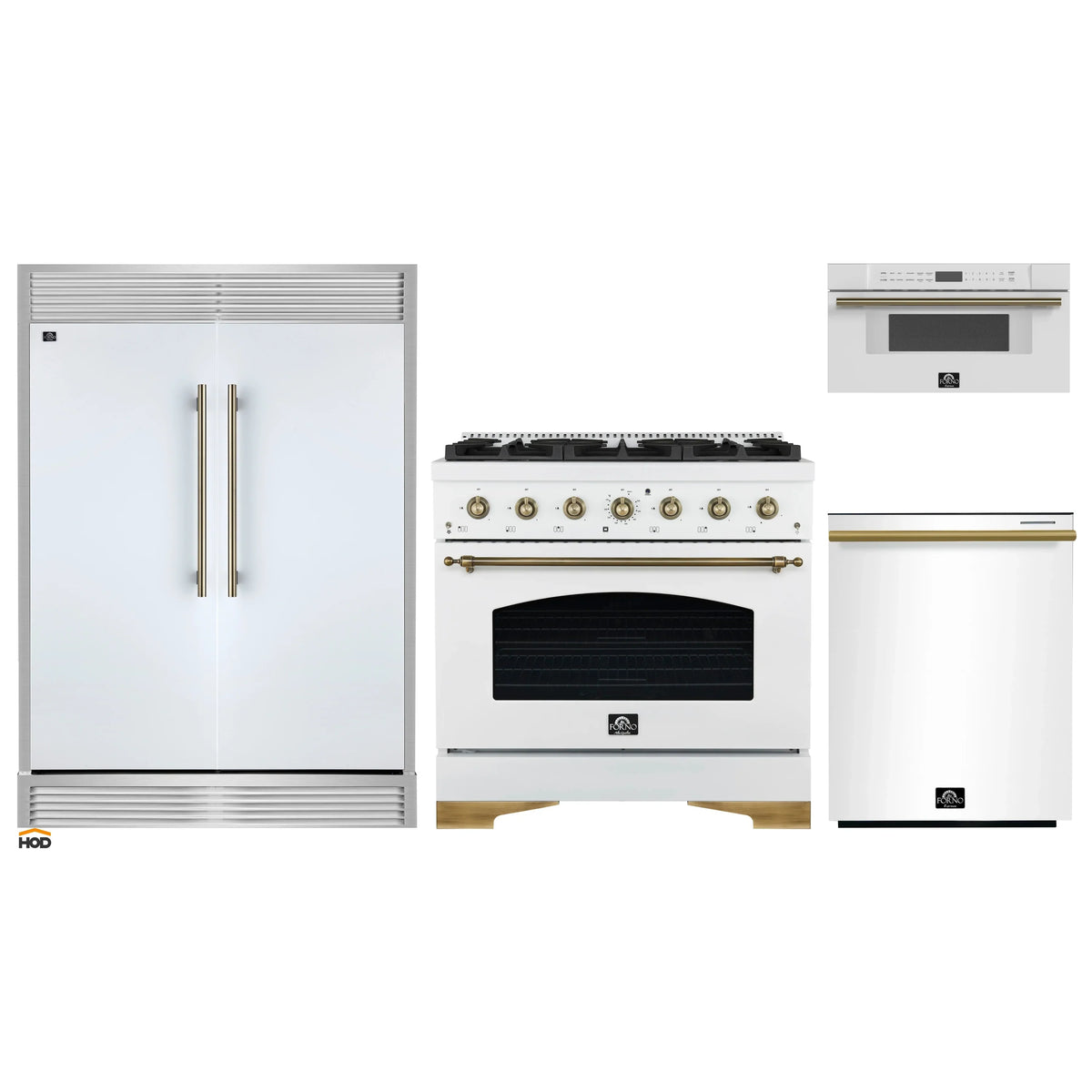 Forno 4-Piece Appliance Package - 36-Inch Antico Gas Range, 60-Inch Refrigerator, Dishwasher, & 30-Inch Microwave Drawer in White with Antique Brass Trim