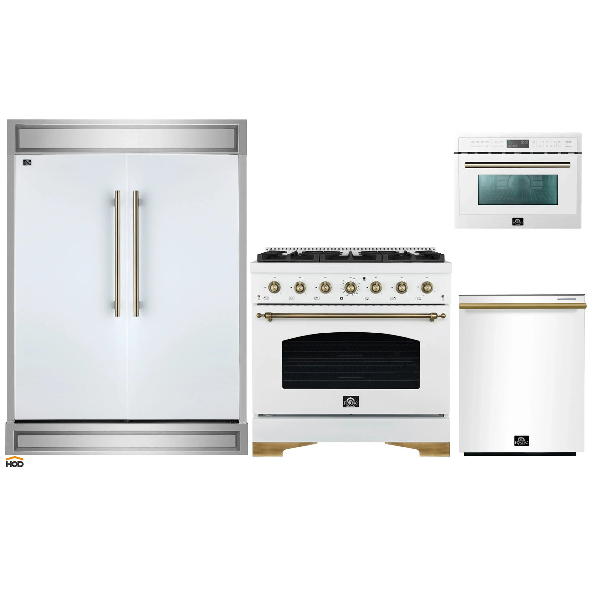 Forno 4-Piece Appliance Package - 36-Inch Gas Range, 60-Inch Refrigerator, Dishwasher, & 24-Inch Microwave Oven in White with Antique Brass Trim
