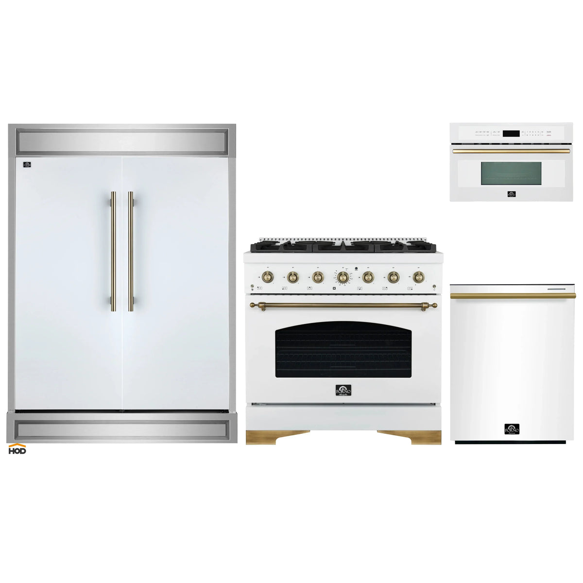 Forno 4-Piece Appliance Package - 36-Inch Gas Range, 60-Inch Refrigerator, Dishwasher, & 30-Inch Microwave Oven in White with Antique Brass Trim