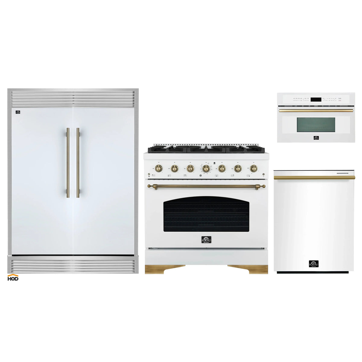 Forno 4-Piece Appliance Package - 36-Inch Antico Gas Range, 60-Inch Refrigerator, Dishwasher, & 30-Inch Microwave Oven in White with Antique Brass Trim
