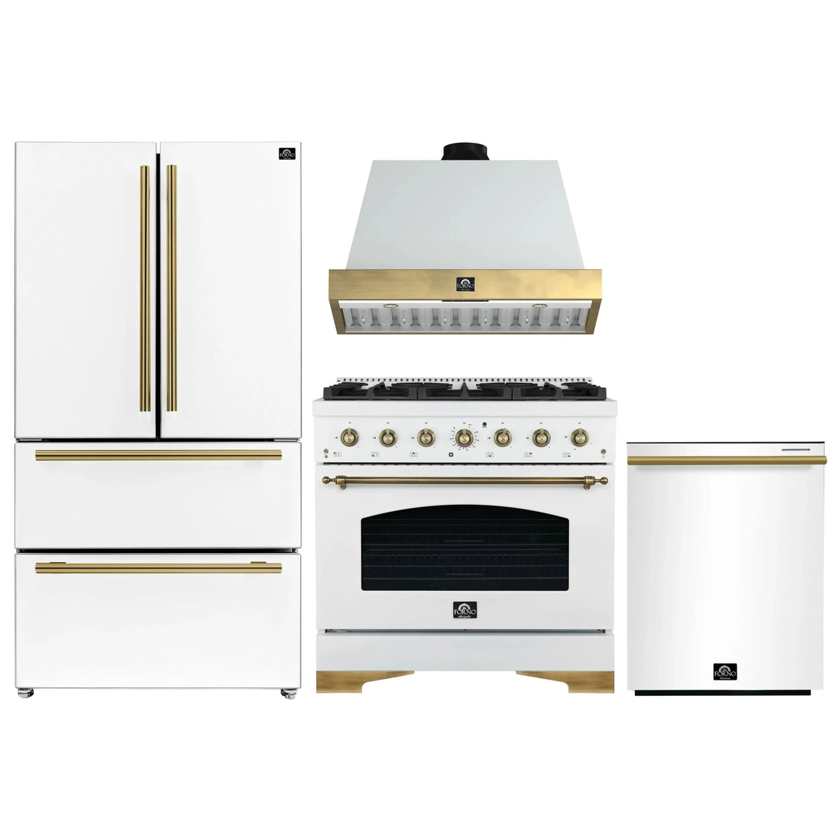 Forno Antico 4-Piece Appliance Package - 36-Inch Gas Range, 36-Inch Hood, 36-Inch Refrigerator, & 24-Inch Dishwasher in White with Antique Brass Trim
