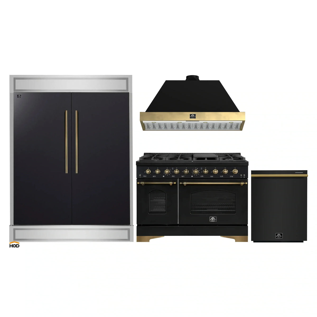 Forno 4-Piece Appliance Package - 48-Inch Gas Range, 60-Inch Convertible Refrigerator with Modern Trim, Dishwasher, in Black with Antique Brass Trim
