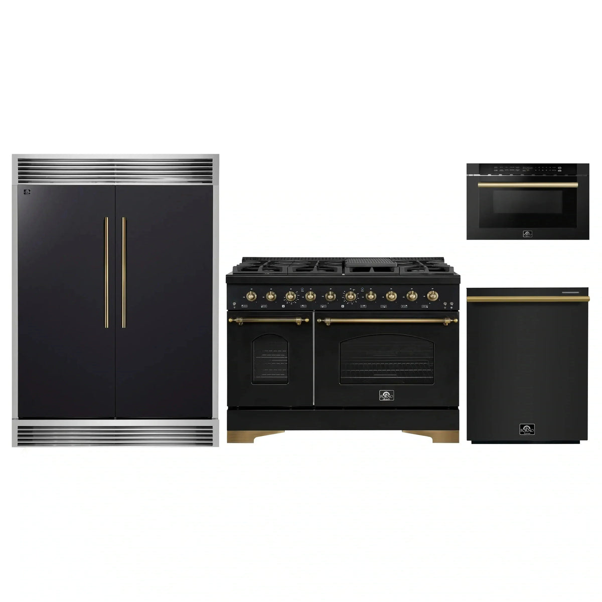 Forno 4-Piece Appliance Package: 48" Gas Range, 24" Microwave Drawer, 60" Grille Trim Refrigerator, Dishwasher, Black with Antique Brass Trim
