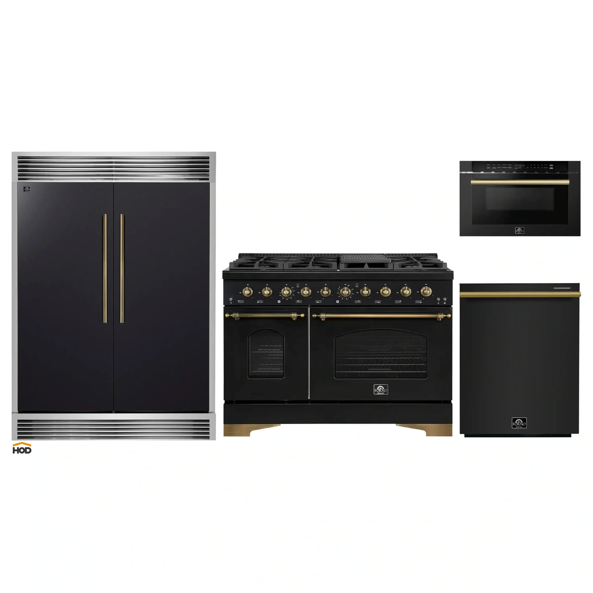Forno 4-Piece Appliance Package - 48-Inch Gas Range, 60-Inch Convertible Refrigerator with Modern Grille Trim, Dishwasher, and 24-Inch Microwave Drawer in Black with Antique Brass Trim