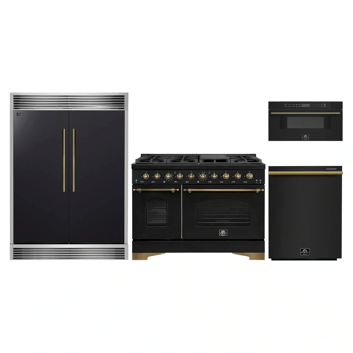 Forno 4-Piece Appliance Package: 48" Gas Range, 30" Microwave Drawer, 60" Grille Trim Refrigerator, Dishwasher, Black with Antique Brass Trim