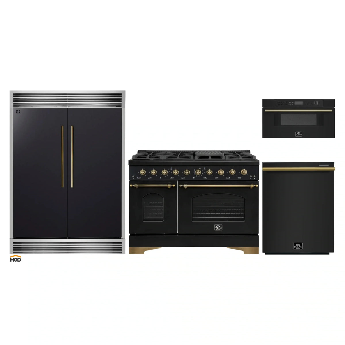 Forno 4-Piece Appliance Package - 48-Inch Gas Range, 60-Inch Convertible Refrigerator with Modern Grille Trim, Dishwasher, and 30-Inch Microwave Drawer in Black with Antique Brass Trim