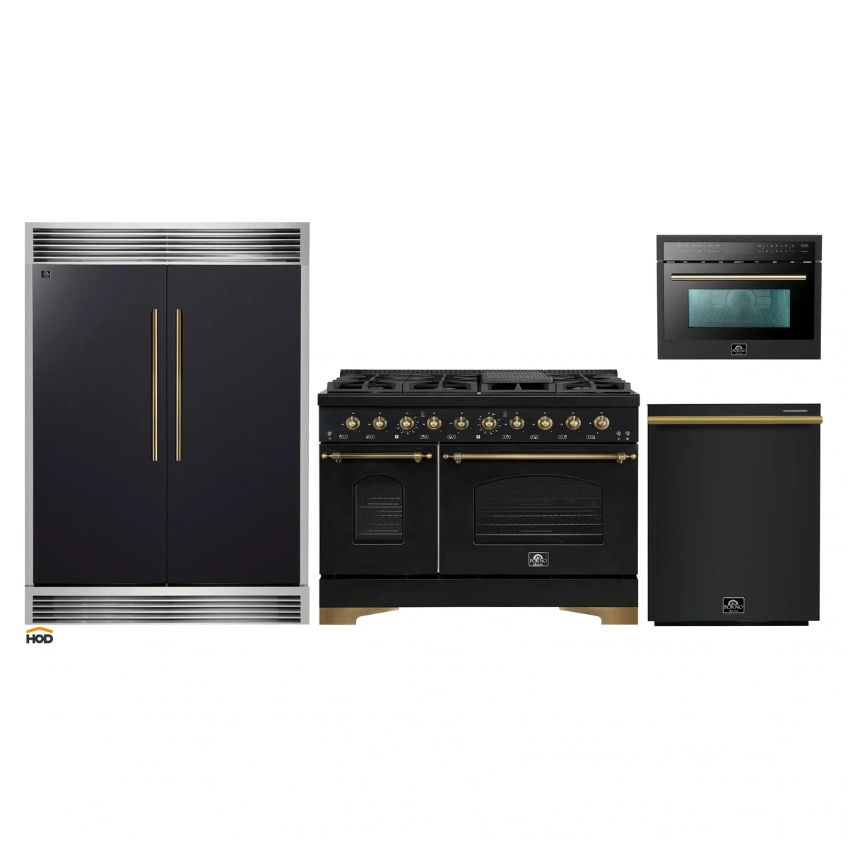 Forno 4-Piece Appliance Package - 48-Inch Gas Range, 60-Inch Convertible Refrigerator with Modern Grille Trim, Dishwasher, and 24-Inch Microwave Oven in Black with Antique Brass Trim
