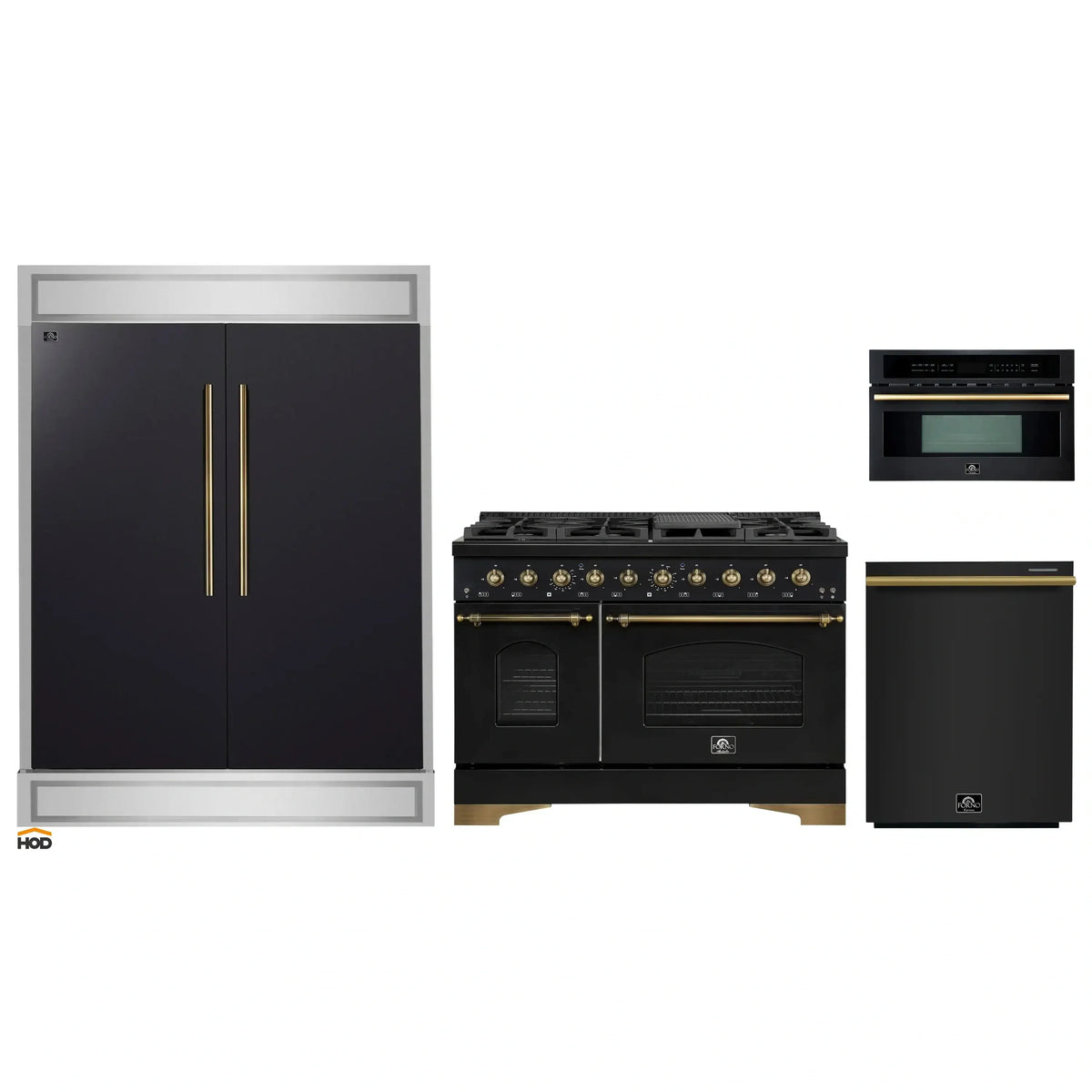 Forno 4-Piece Appliance Package - 48-Inch Gas Range, 60-Inch Convertible Refrigerator with Modern Trim, Dishwasher, and 30-Inch Microwave Oven in Black with Antique Brass Trim