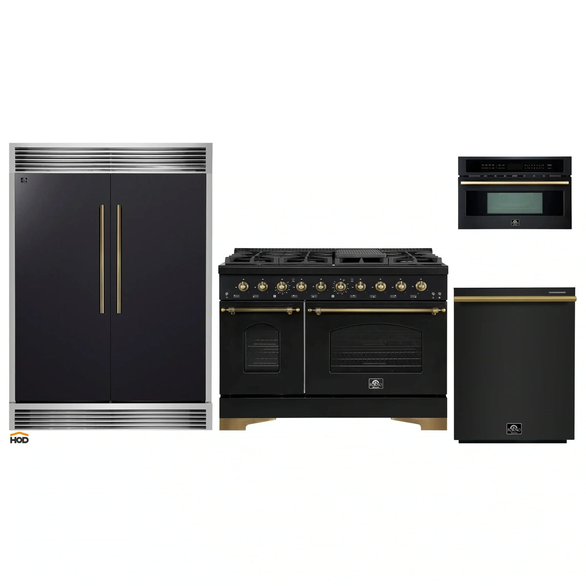Forno 4-Piece Appliance Package - 48-Inch Gas Range, 60-Inch Convertible Refrigerator with Modern Grille Trim, Dishwasher, and 30-Inch Microwave Oven in Black with Antique Brass Trim