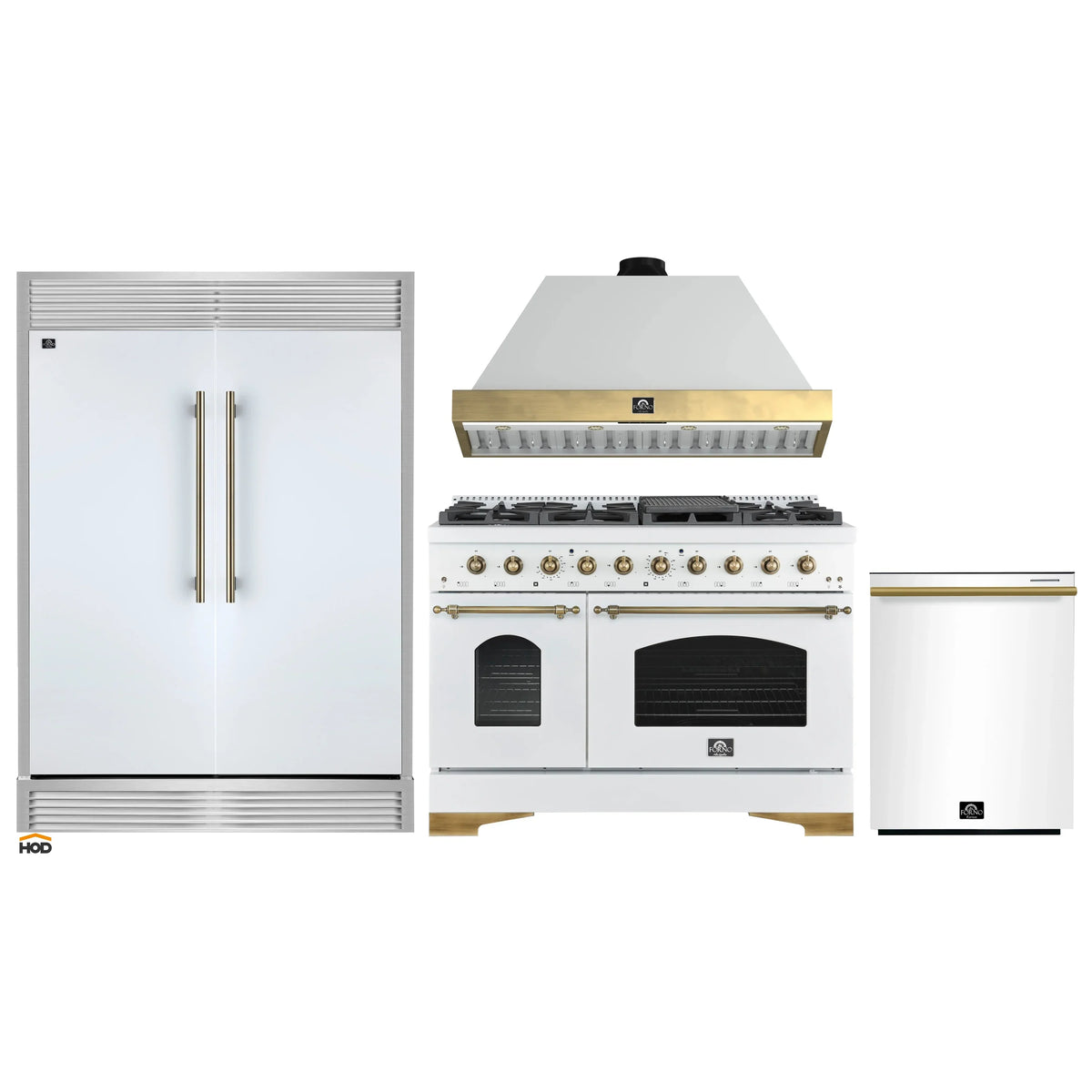 Forno 4-Piece Appliance Package - 48-Inch Antico Gas Range, Wall Mount Range Hood, 60-Inch Refrigerator, Dishwasher in White with Antique Brass Trim