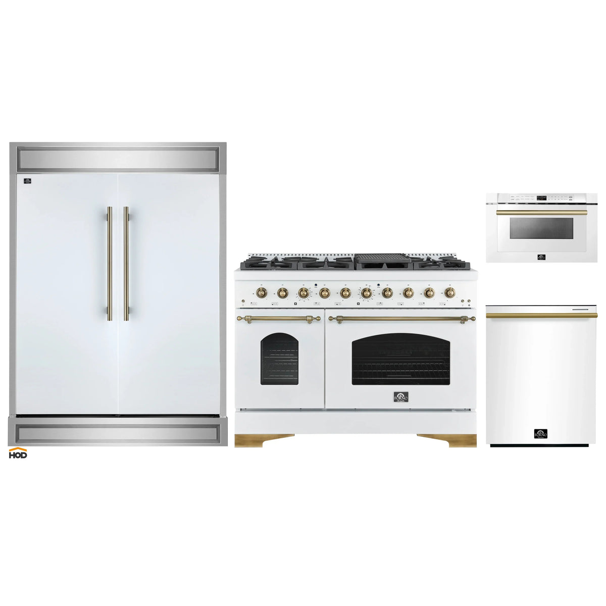 Forno 4-Piece Appliance Package - 48-Inch Gas Range, 60-Inch Refrigerator, Dishwasher, & 24-Inch Microwave Drawer in White with Antique Brass Trim