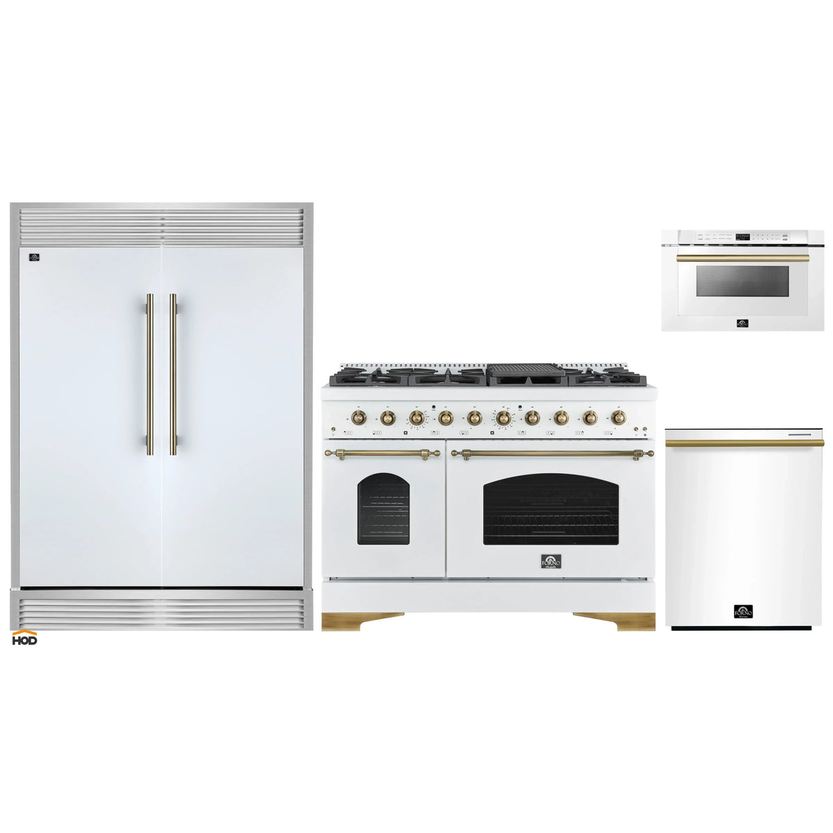 Forno 4-Piece Appliance Package - 48-Inch Antico Gas Range, 60-Inch Refrigerator, Dishwasher, & 24-Inch Microwave Drawer in White with Antique Brass Trim