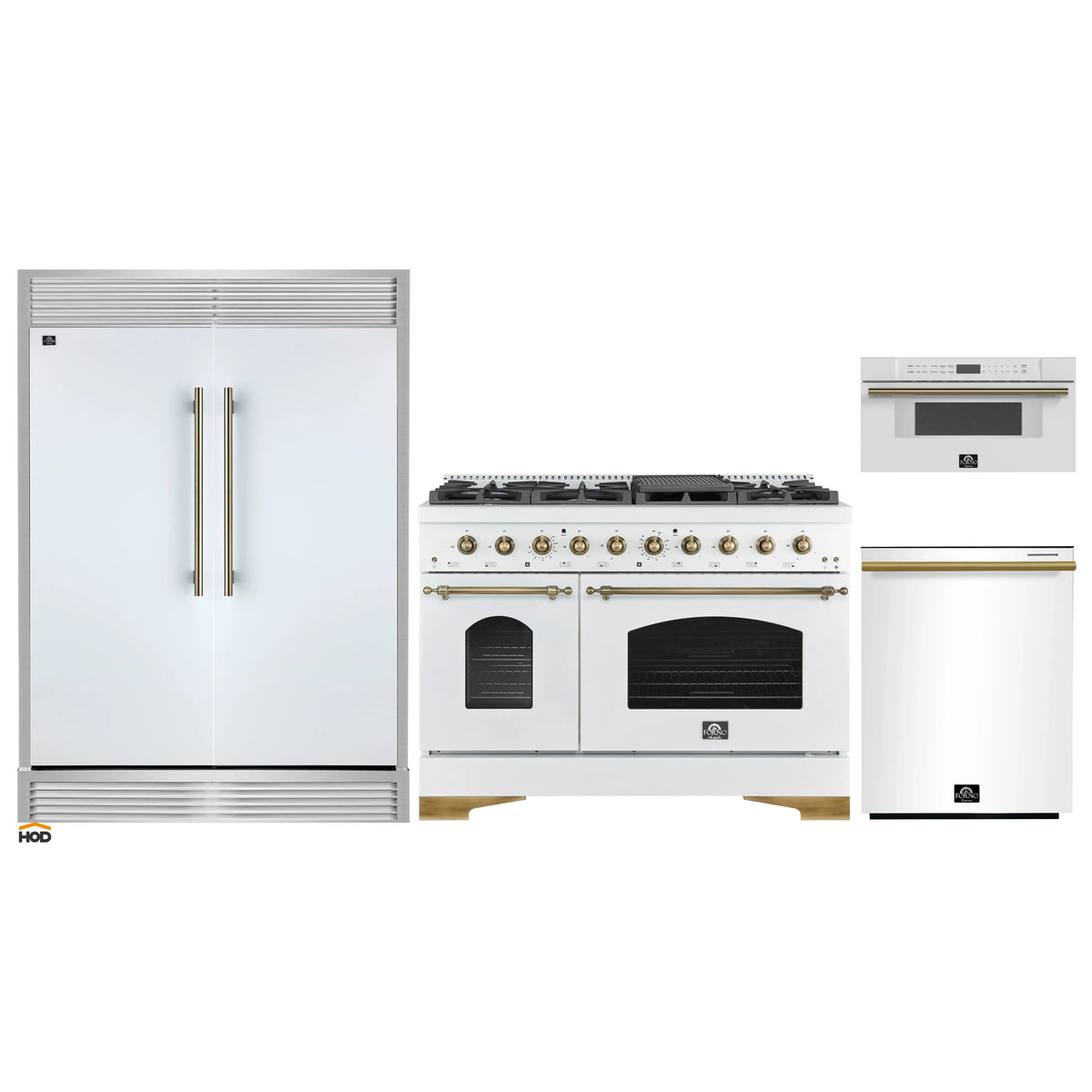 Forno 4-Piece Appliance Package - 48-Inch Antico Gas Range, 60-Inch Refrigerator, Dishwasher, & 30-Inch Microwave Drawer in White with Antique Brass Trim