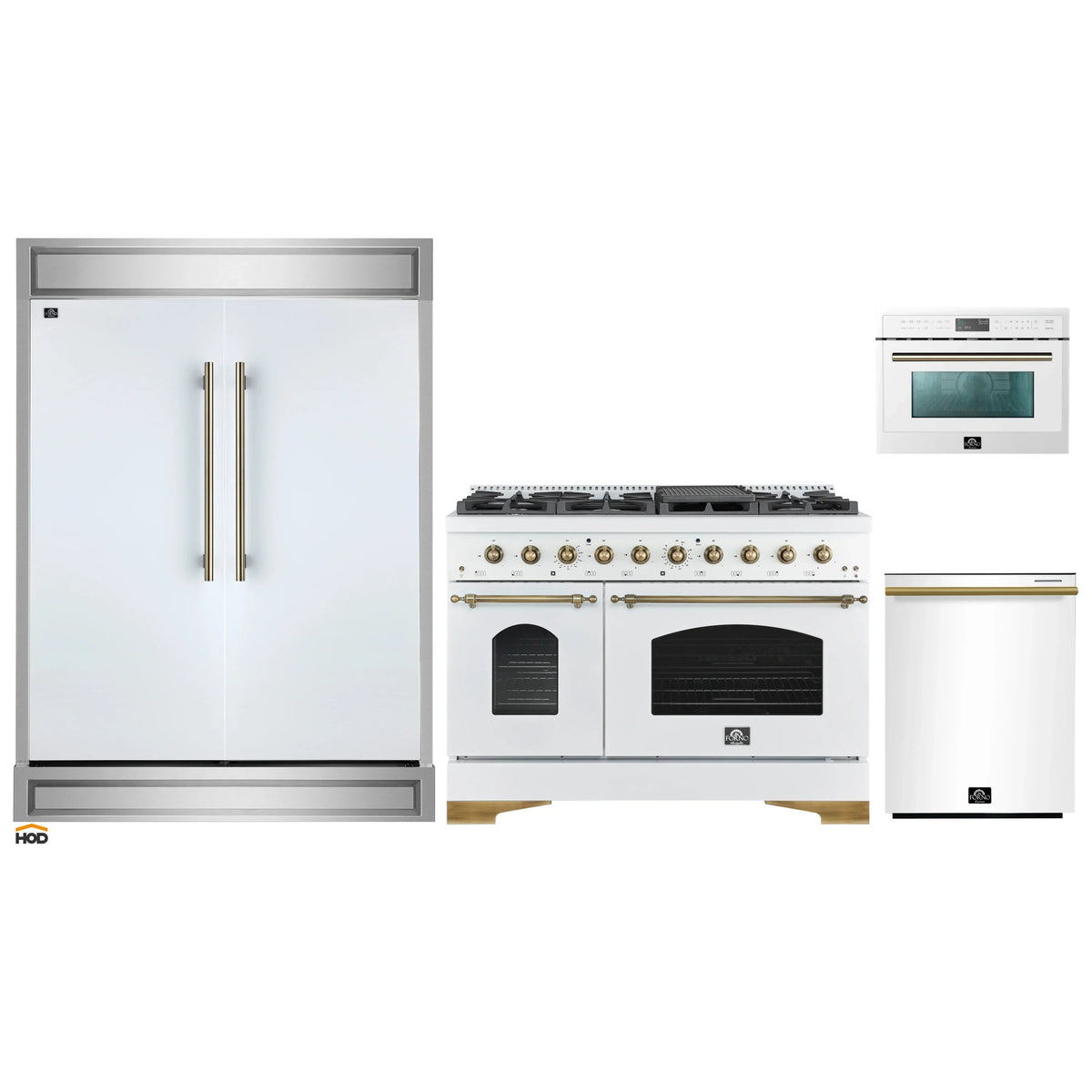 Forno 4-Piece Appliance Package - 48-Inch Gas Range, 60-Inch Refrigerator, Dishwasher, & 24-Inch Microwave Oven in White with Antique Brass Trim