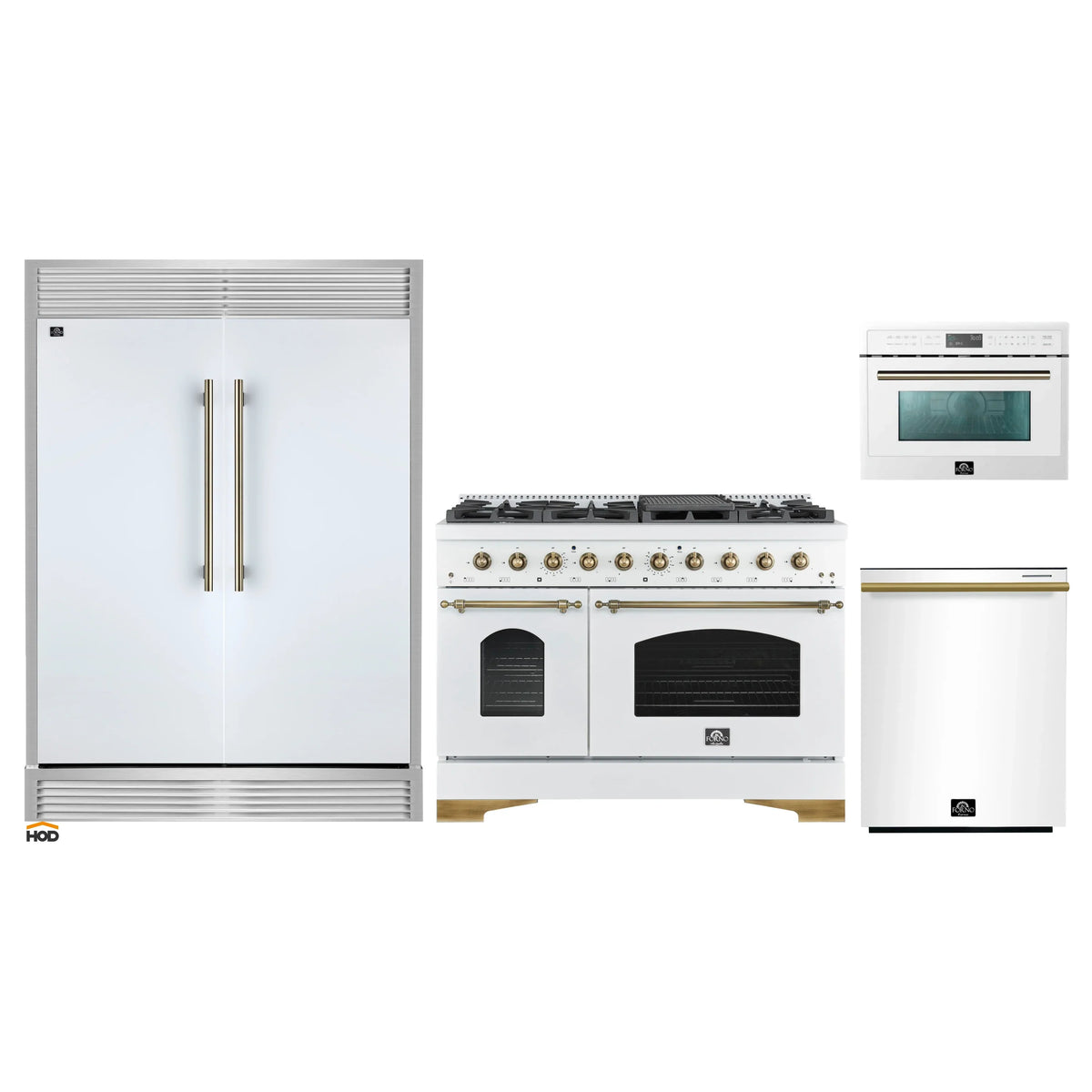 Forno 4-Piece Appliance Package - 48-Inch Antico Gas Range, 60-Inch Refrigerator, Dishwasher, & 24-Inch Microwave Oven in White with Antique Brass Trim