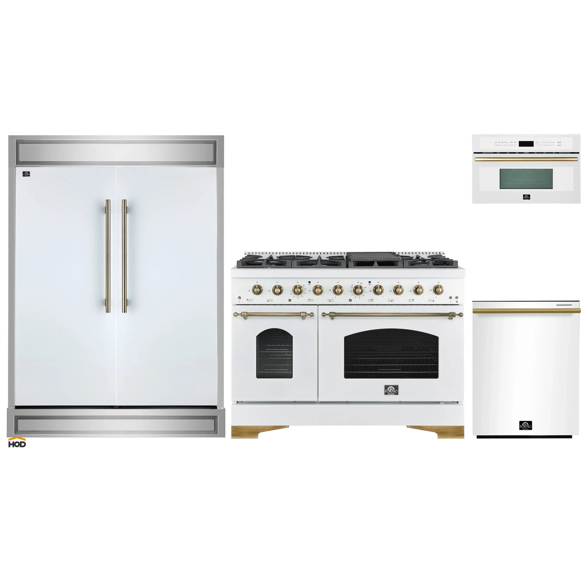Forno 4-Piece Appliance Package - 48-Inch Gas Range, 60-Inch Refrigerator, Dishwasher, & 30-Inch Microwave Oven in White with Antique Brass Trim