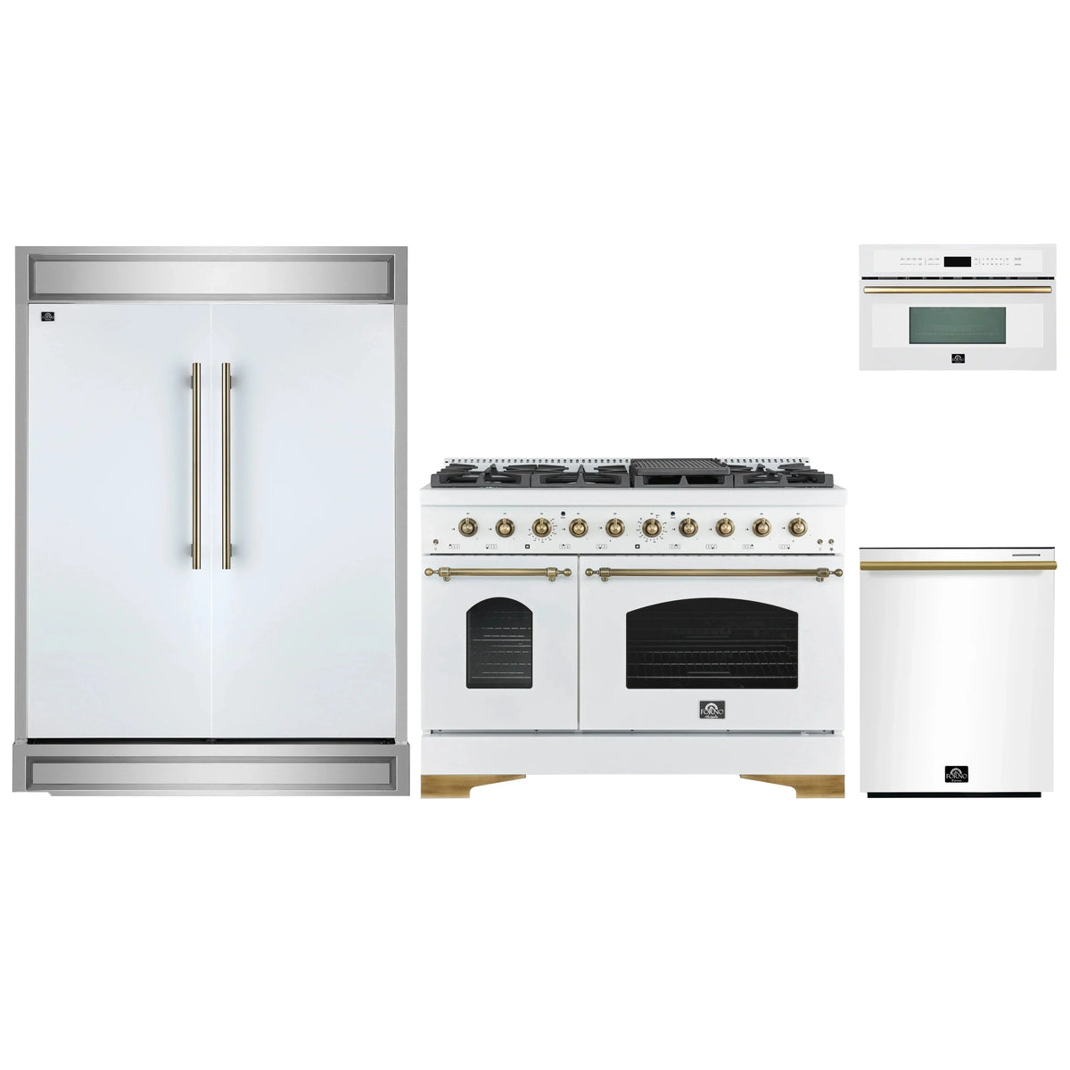 Forno 4-Piece Appliance Package: 48" Antico Gas Range, 30" Microwave Oven, 60" Modern Trim Refrigerator, Dishwasher, White with Antique Brass Trim