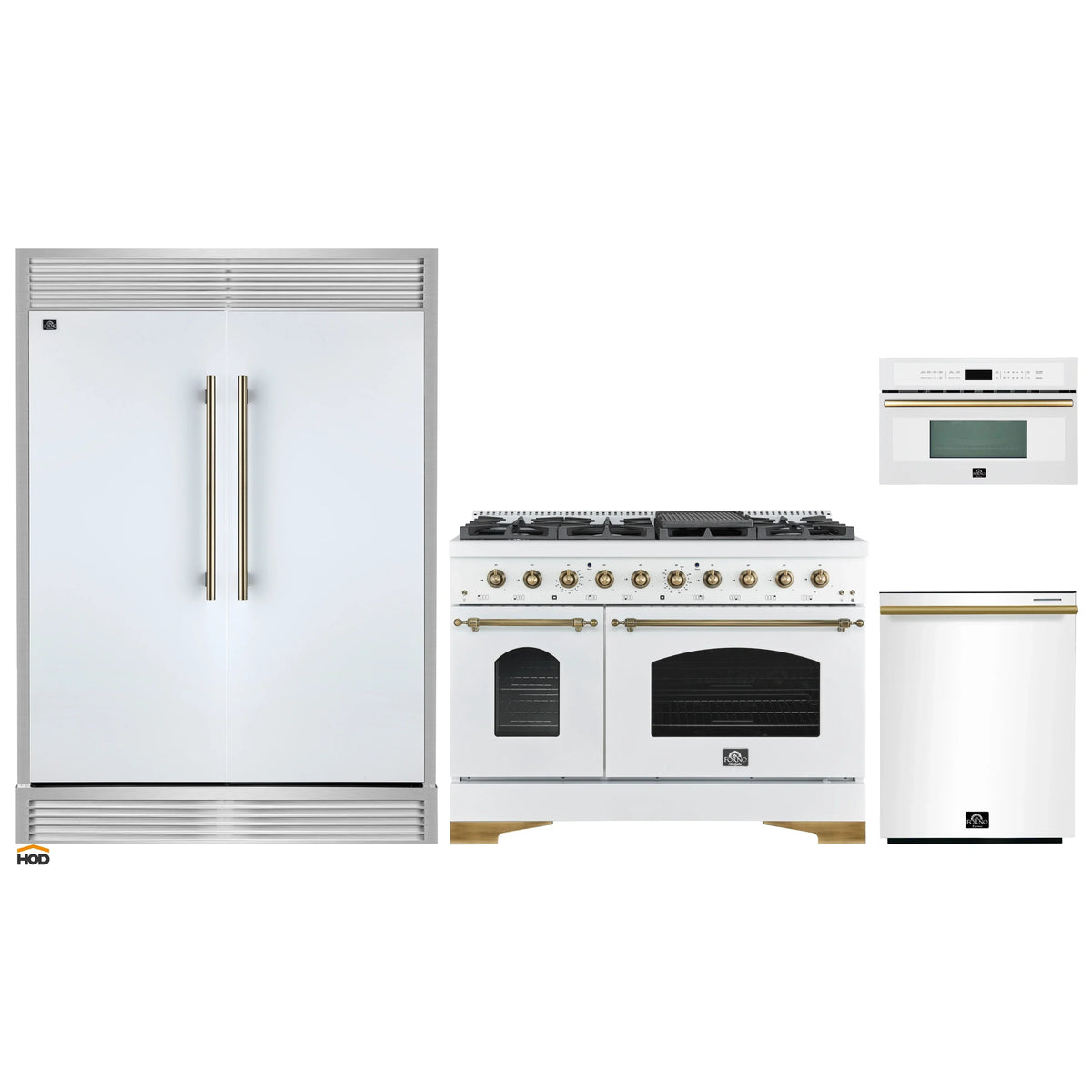 Forno 4-Piece Appliance Package - 48-Inch Antico Gas Range, 60-Inch Refrigerator, Dishwasher, & 30-Inch Microwave Oven in White with Antique Brass Trim