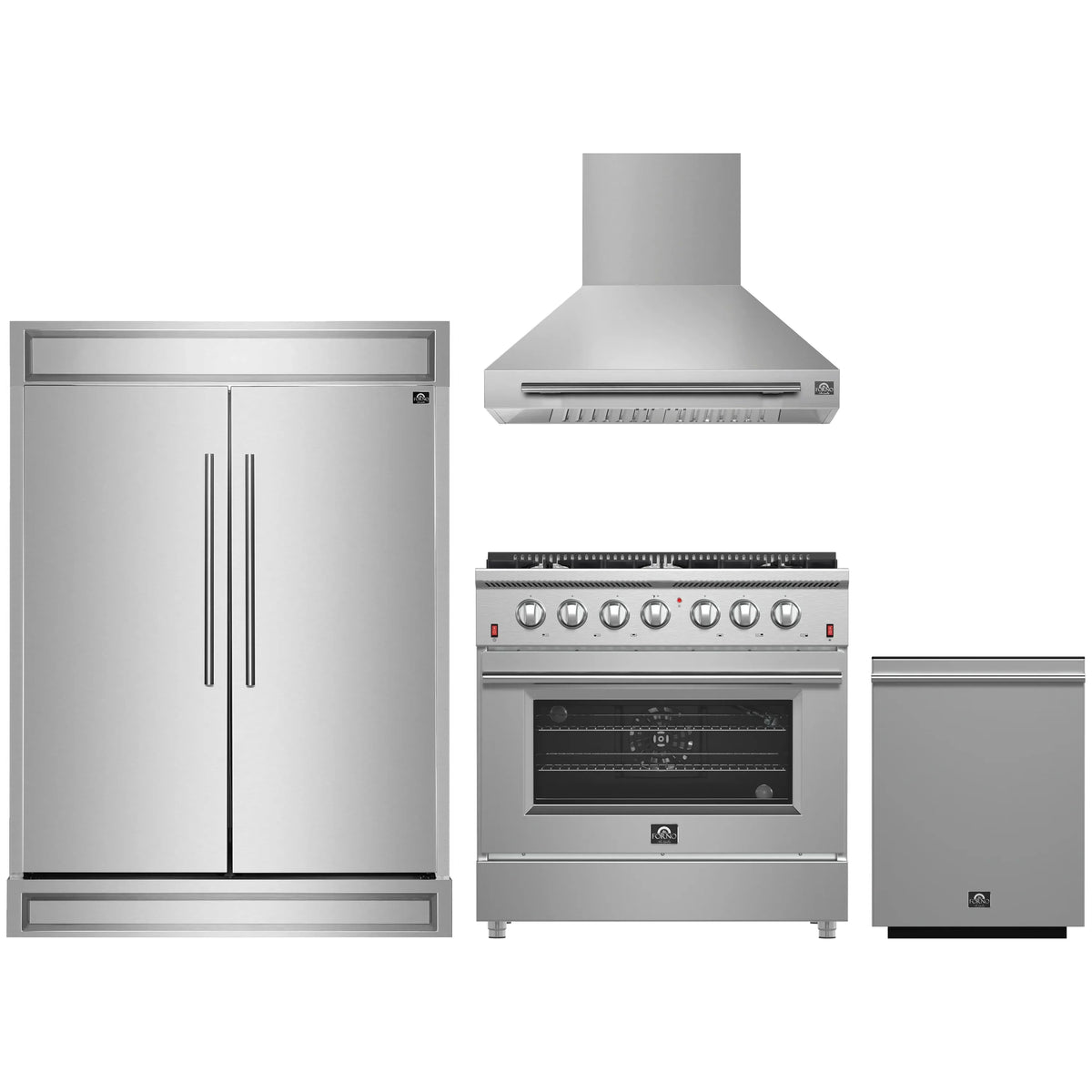 Forno 4-Piece Appliance Package - 36-Inch Gas Range, Wall Mount Range Hood, 60-Inch Built-In Convertible Refrigerator, and Dishwasher in Stainless Steel
