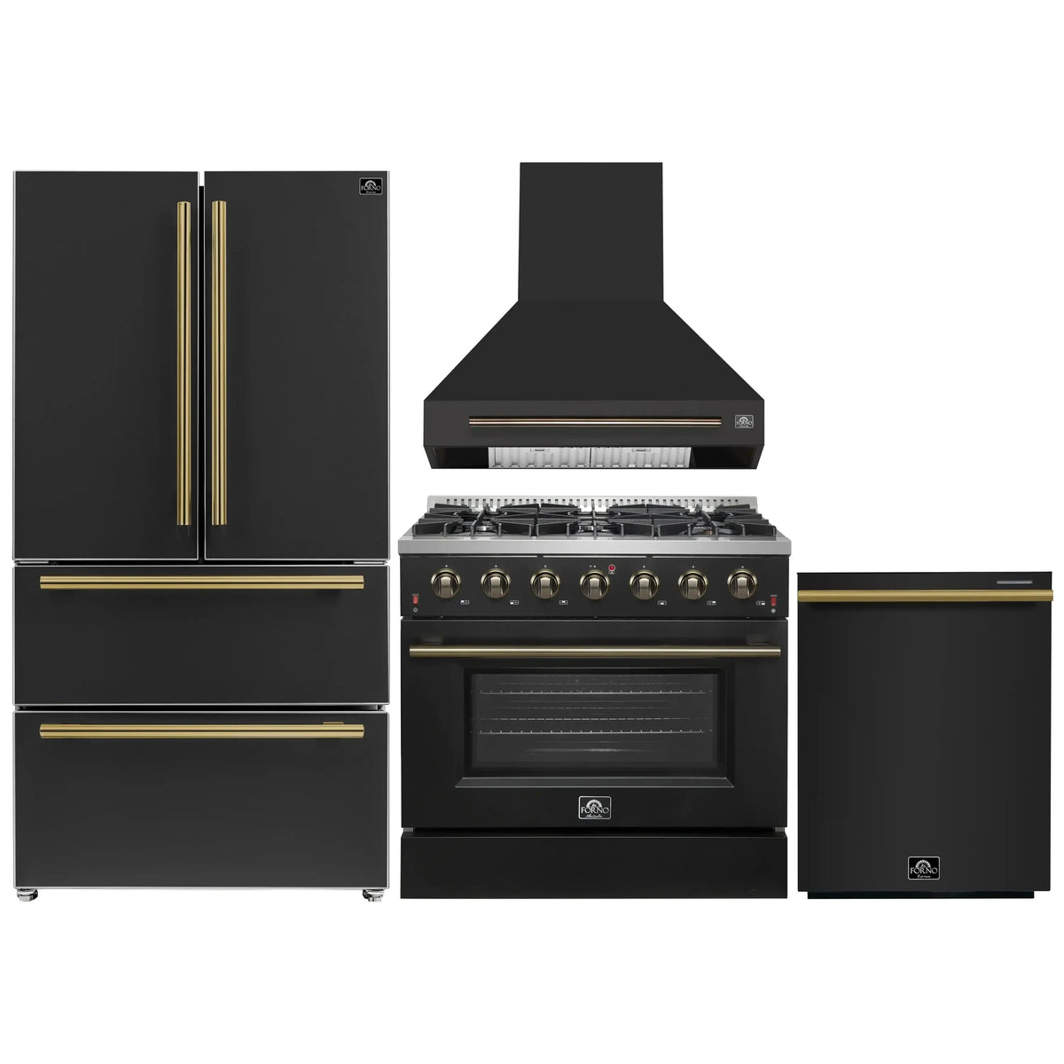 Forno 4-Piece Appliance Package - 36-Inch Gas Range, Wall Mount Range Hood, 36-Inch French Door Refrigerator, and Dishwasher in Black with Antique Brass Trim