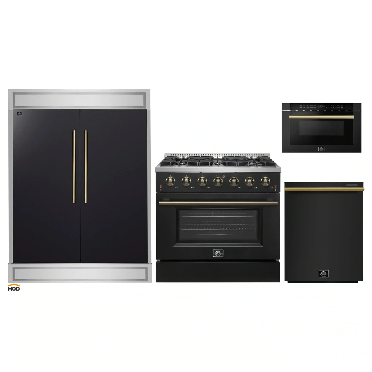 Forno 4-Piece Appliance Package - 36-Inch Gas Range, 60-Inch Convertible Refrigerator with Modern Trim, Dishwasher, and 24-Inch Microwave Drawer in Black with Antique Brass Trim