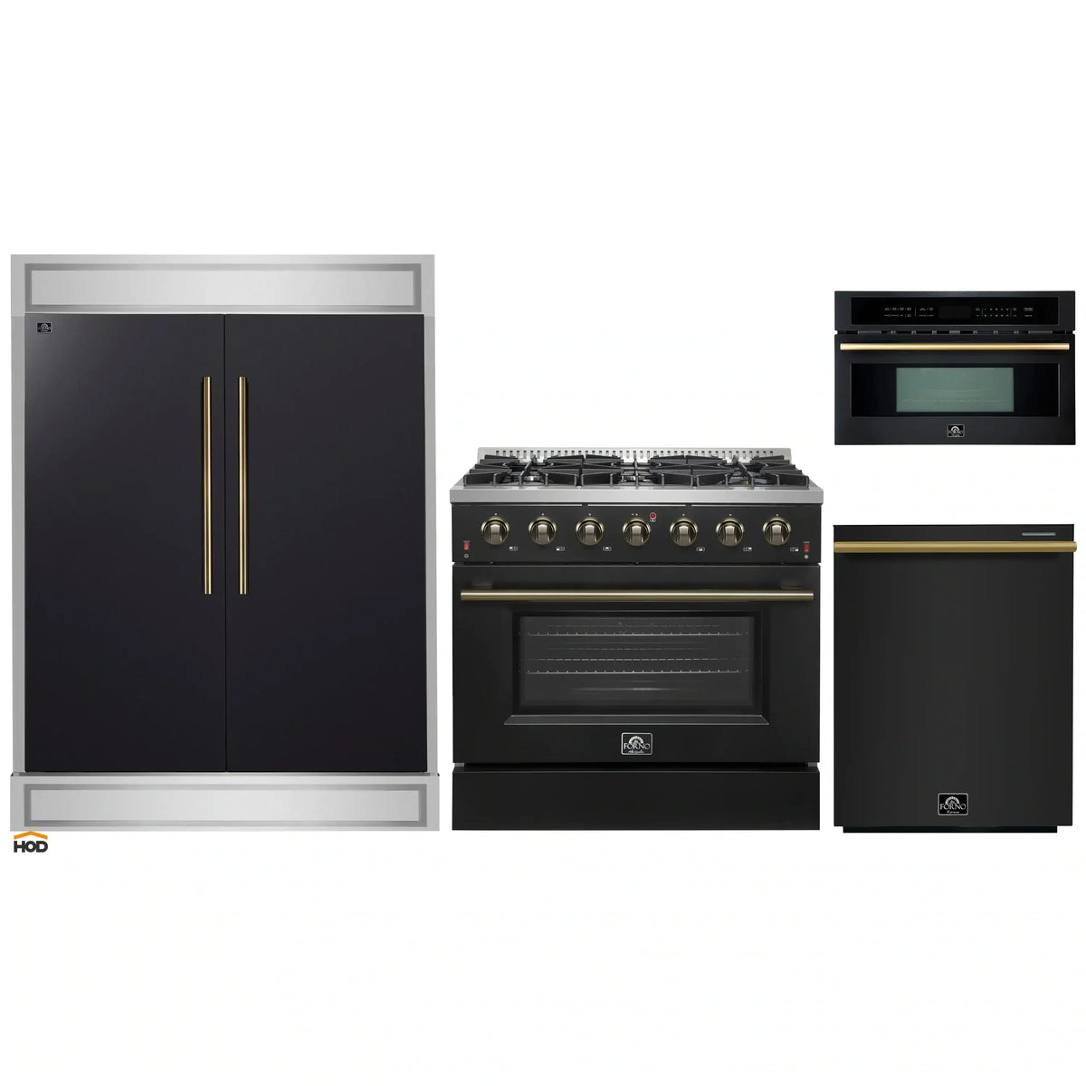 Forno 4-Piece Appliance Package - 36-Inch Gas Range, 60-Inch Convertible Refrigerator with Modern Trim, Dishwasher, and 30-Inch Microwave Oven in Black with Antique Brass Trim