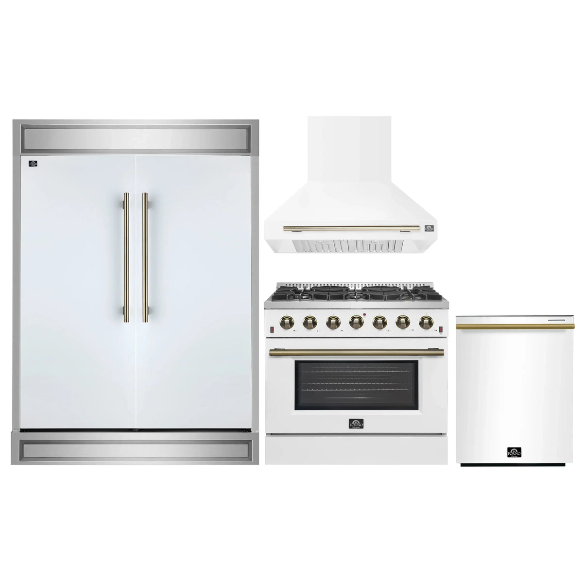 Forno 4-Piece Appliance Package - 36-Inch Gas Range, Wall Mount Range Hood, 60-Inch Built-In Convertible Refrigerator, and Dishwasher in White with Antique Brass Trim