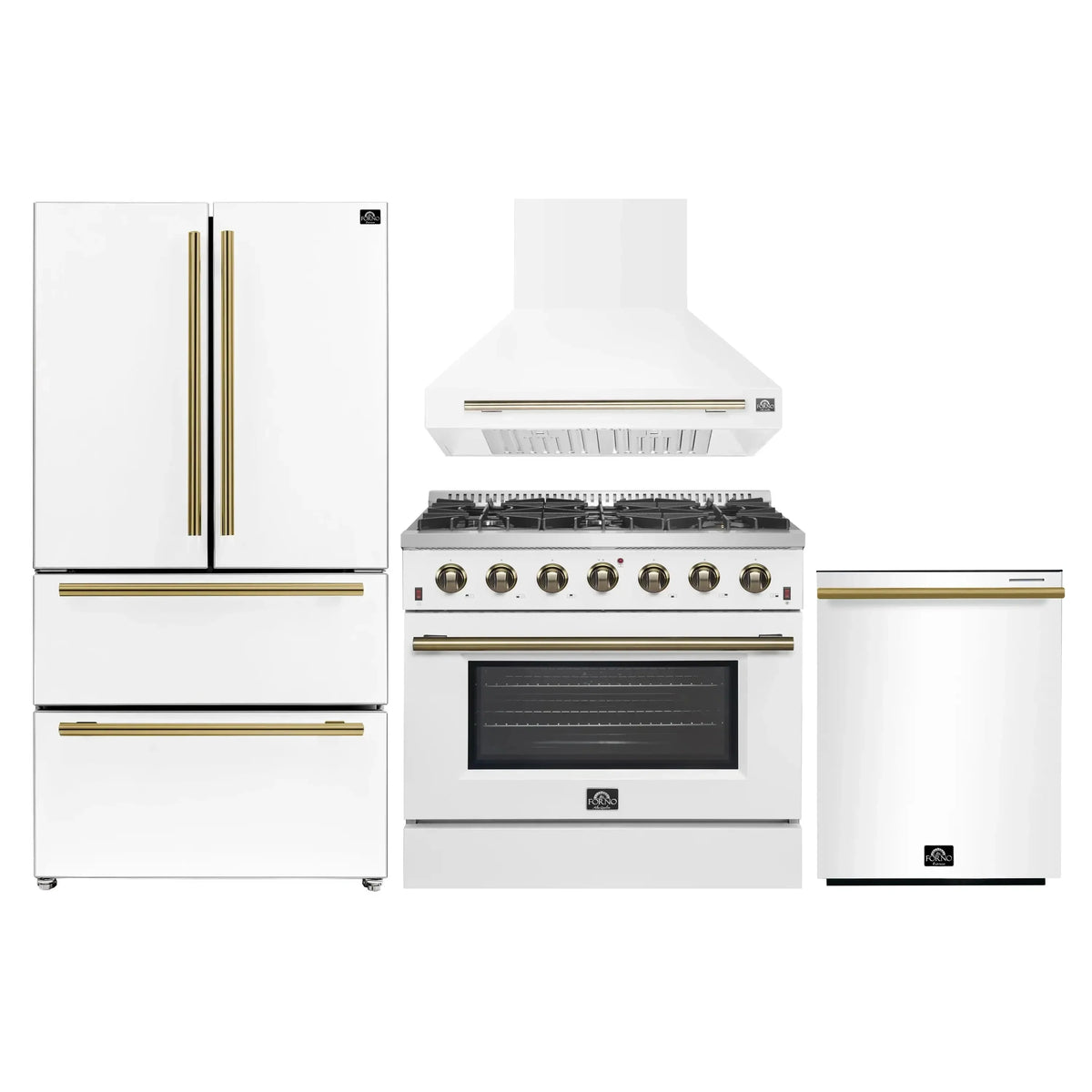 Forno 4-Piece Appliance Package - 36-Inch Gas Range, Wall Mount Range Hood, 36-Inch French Door Refrigerator, and Dishwasher in White with Antique Brass Trim