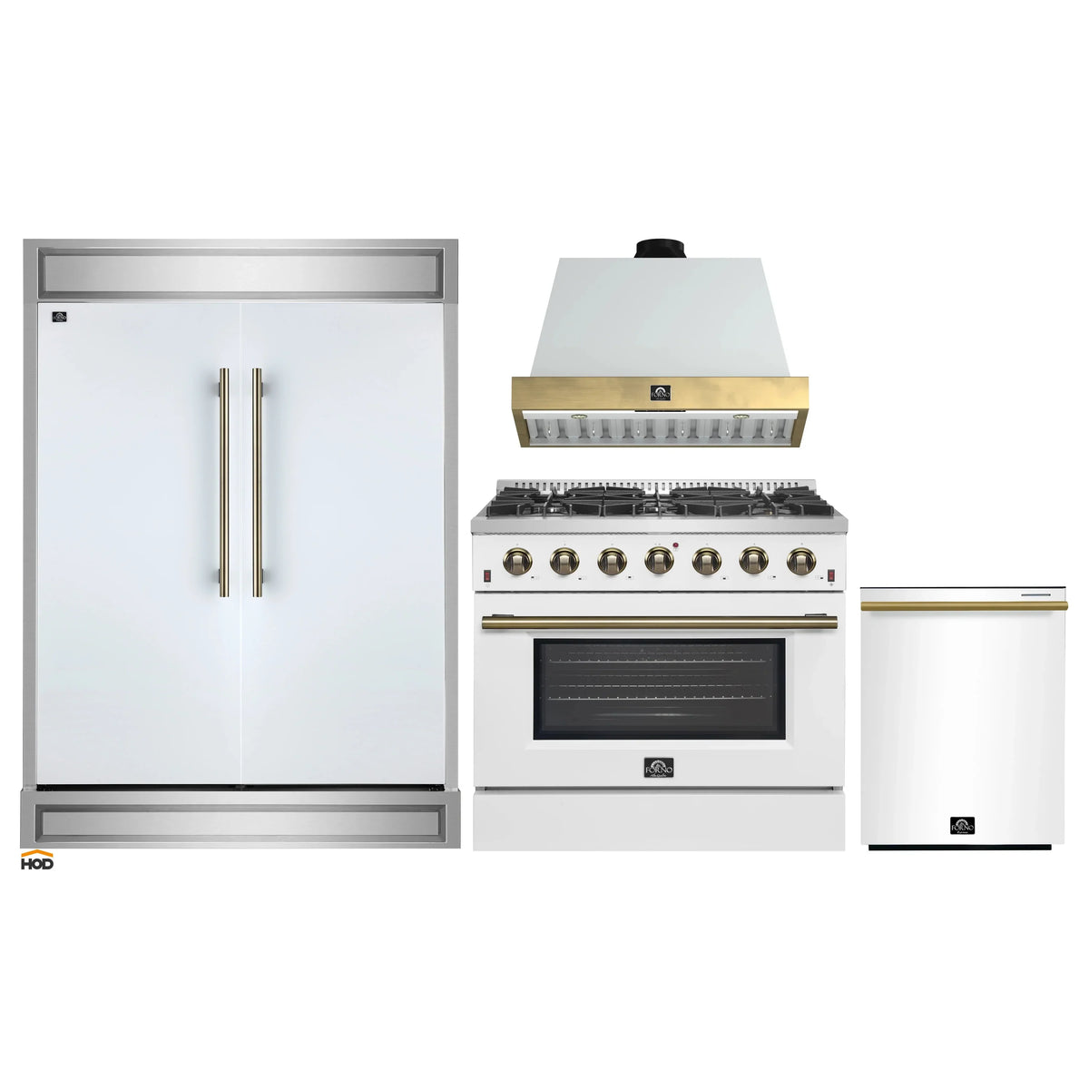 Forno 4-Piece Appliance Package - 36-Inch Gas Range, Wall Mount Range Hood, 60-Inch Refrigerator, Dishwasher in White with Antique Brass Trim