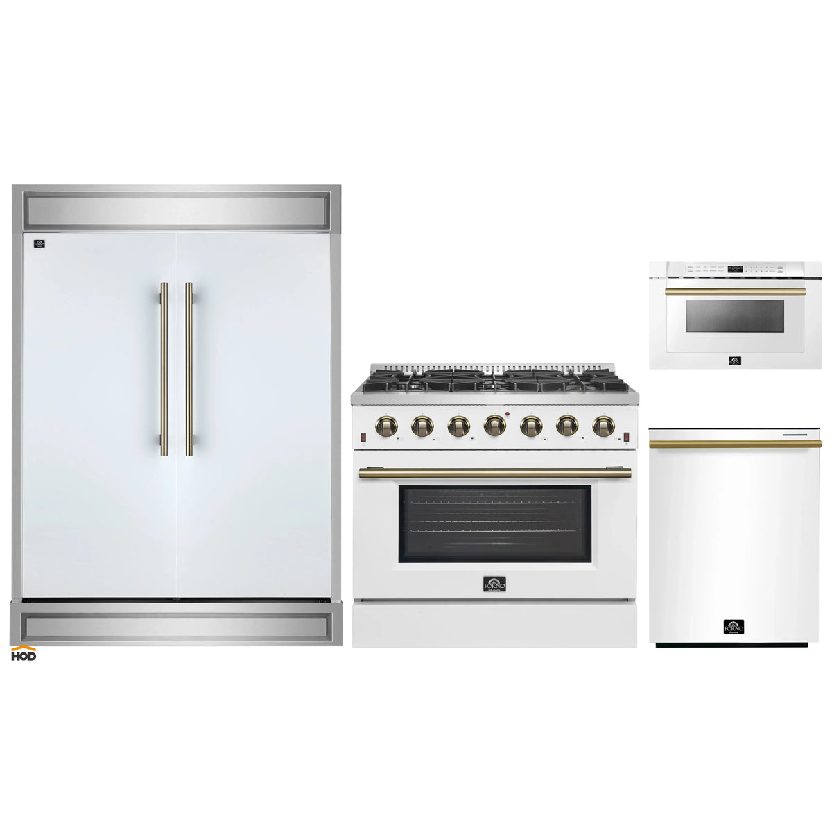 Forno 4-Piece Appliance Package - 36-Inch Gas Range, 60-Inch Refrigerator, Dishwasher, & 24-Inch Microwave Drawer in White with Antique Brass Trim