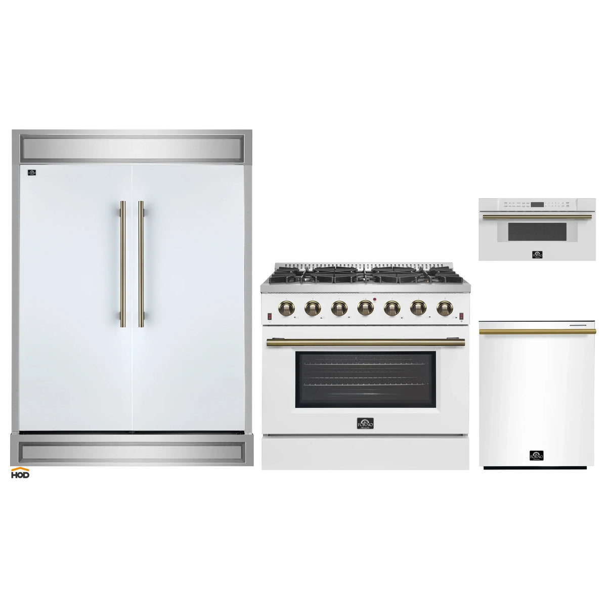 Forno 4-Piece Appliance Package - 36-Inch Gas Range, 60-Inch Refrigerator, Dishwasher, & 30-Inch Microwave Drawer in White with Antique Brass Trim