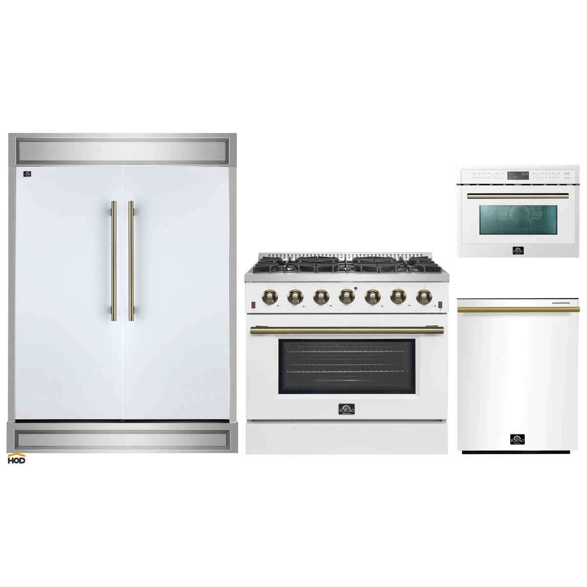 Forno 4-Piece Appliance Package - 36-Inch Gas Range, 60-Inch Refrigerator, Dishwasher, & 24-Inch Microwave Oven in White with Antique Brass Trim