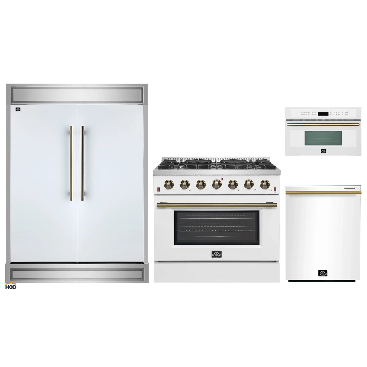 Forno 4-Piece Appliance Package - 36-Inch Gas Range, 60-Inch Refrigerator, Dishwasher, & 30-Inch Microwave Oven in White with Antique Brass Trim