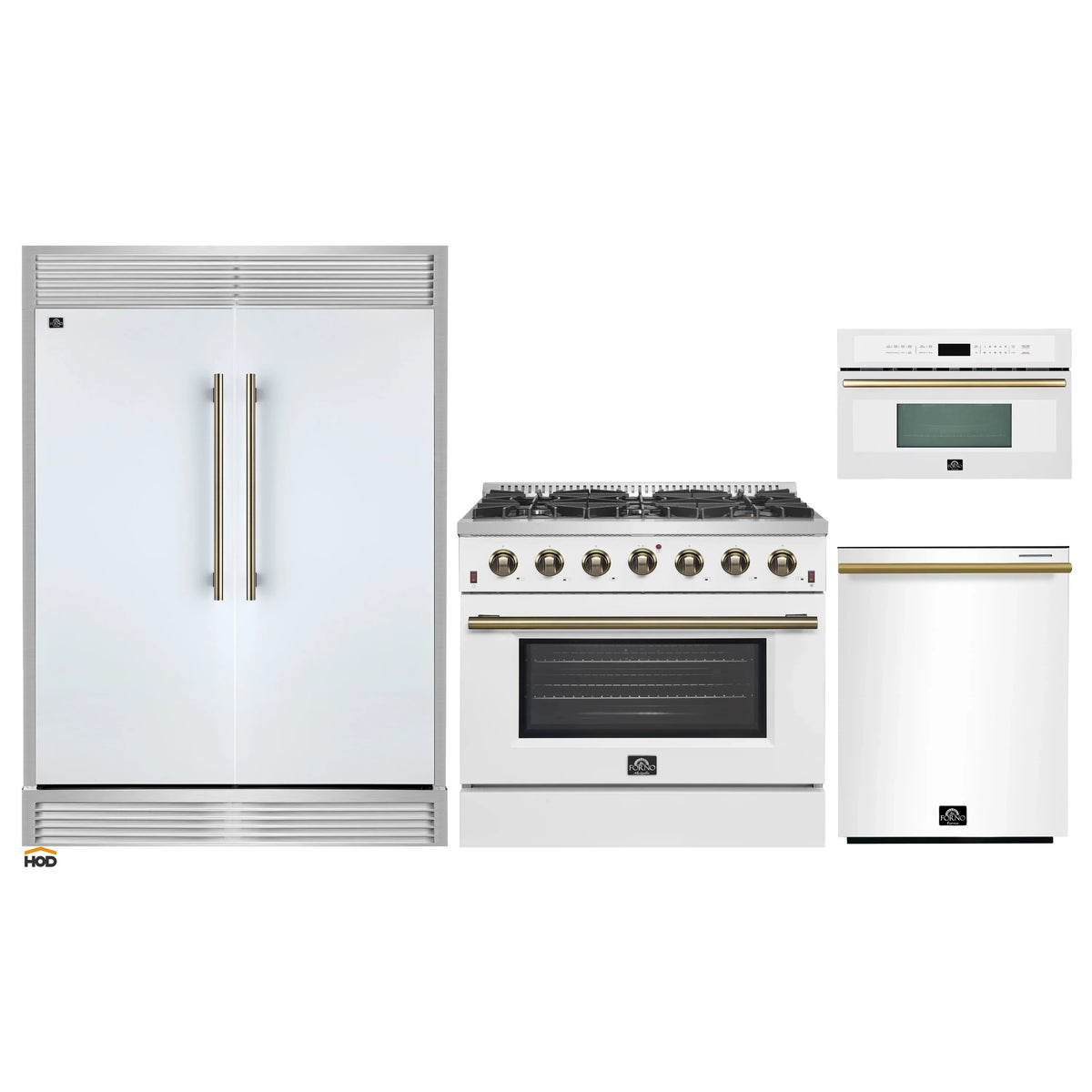 Forno 4-Piece Appliance Package - 36-Inch Galiano Gas Range, 60-Inch Refrigerator, Dishwasher, & 30-Inch Microwave Oven in White with Antique Brass Trim